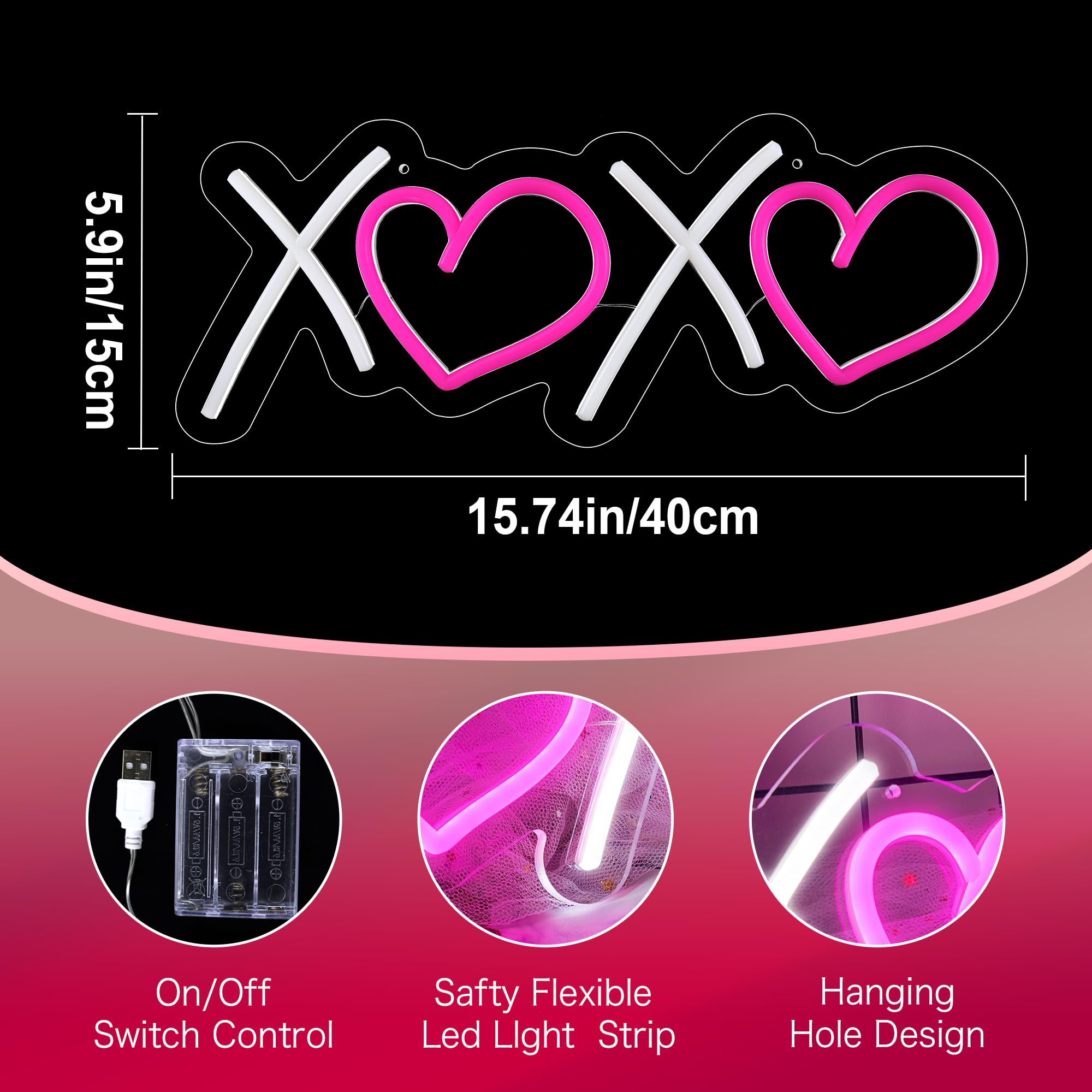 Aslanka XOXO Neon Sign, LED Light for Home Decor, Dimmable USB Powered, 15.75in x 5.91in, White Pink XOXO Model