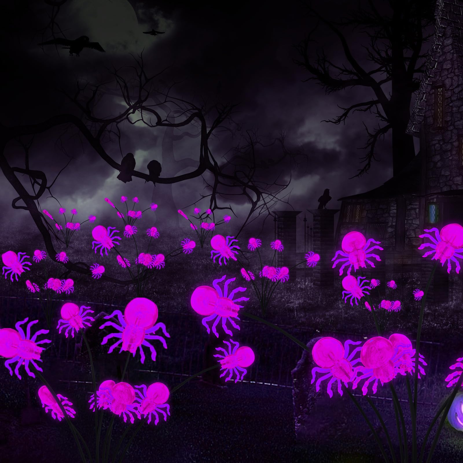 4 Packs Halloween Decorations Outdoor Scary Sloar Spider Lights,32Led Purple Spider Swaying Firefly Lights,Waterproof Solar Halloween Path Lights For Yard/Garden/Lawn/Party Decor(Spider)