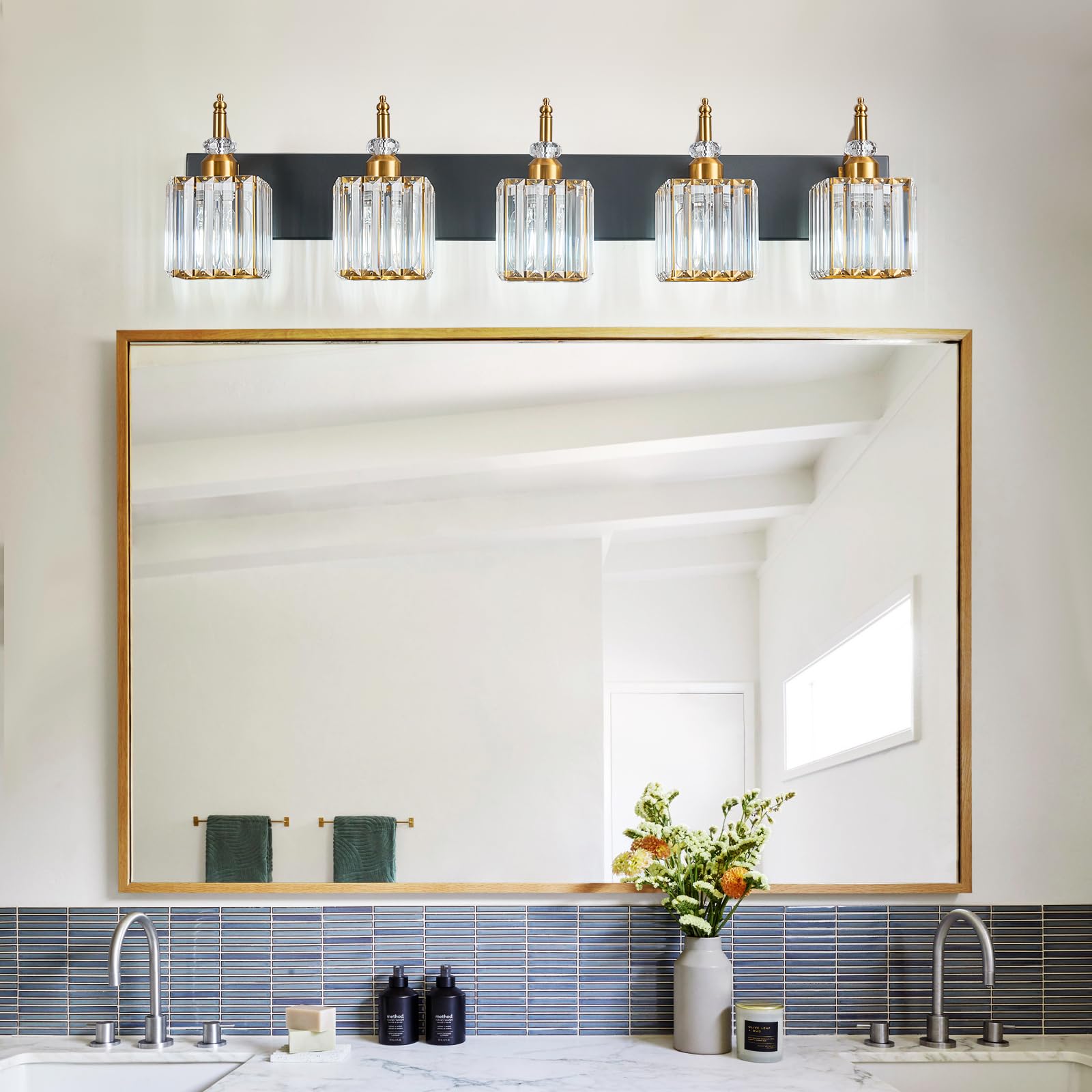 BBLLWJ Crystal Vanity Light Fixture - 5-Light Modern Bathroom Lighting Over Mirror - Black Gold - Model 655