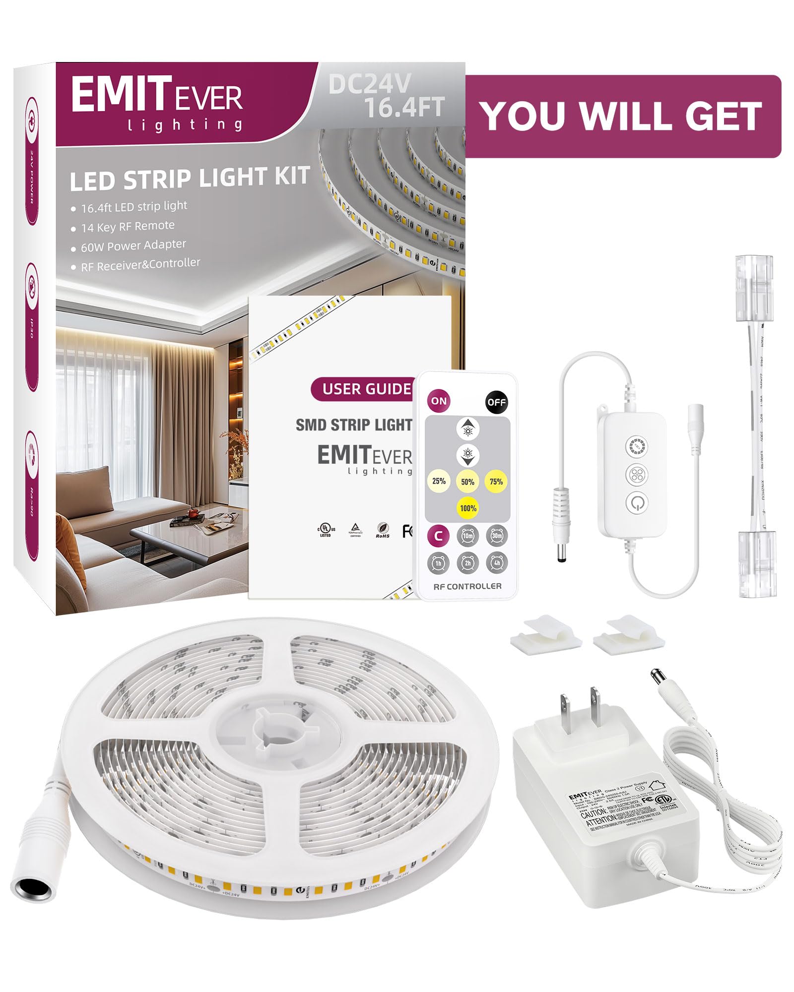 EMITEVER LED Strip Lights Kit, 16.4ft Dimmable Warm White 2700K, 600 LEDs, Remote & 24V Power Supply, Model FN-2835C