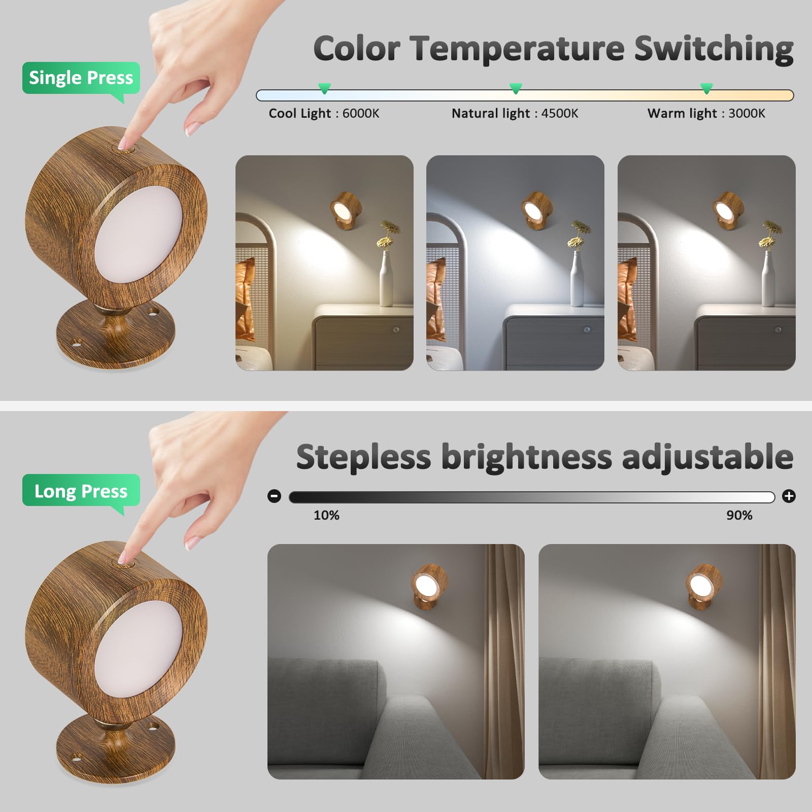 Lightbiz LED Wall Sconces - 2 Pcs Rechargeable, Dimmable, 3 Color Temp, Magnetic 360° Rotation, Walnut Wood, Model X120