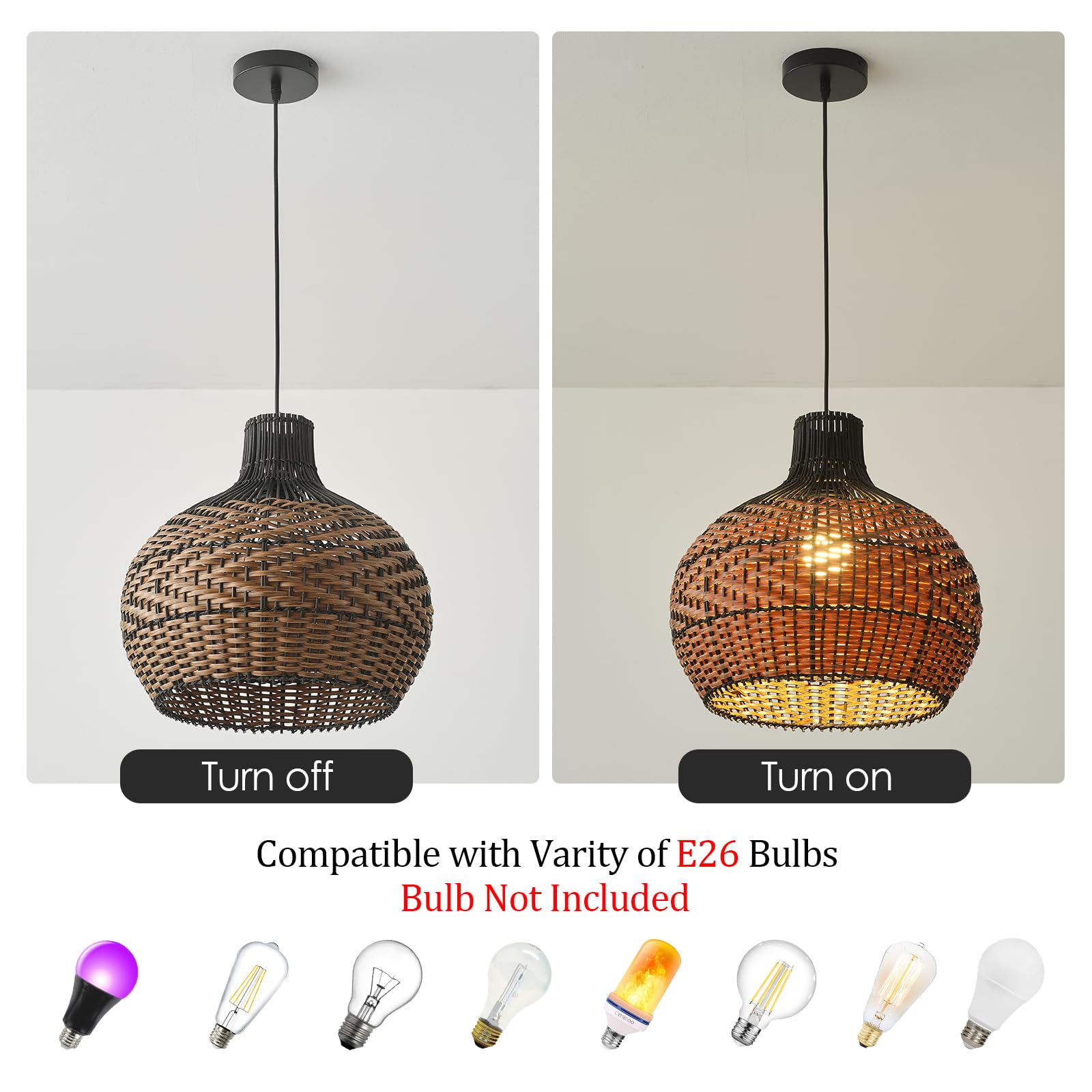Teru Ji Kaikang 15" Rattan Pendant Light, 3-Light Hand-Woven Boho Chandelier, Black Brown Faux Rattan for Living Room, Kitchen, Dining