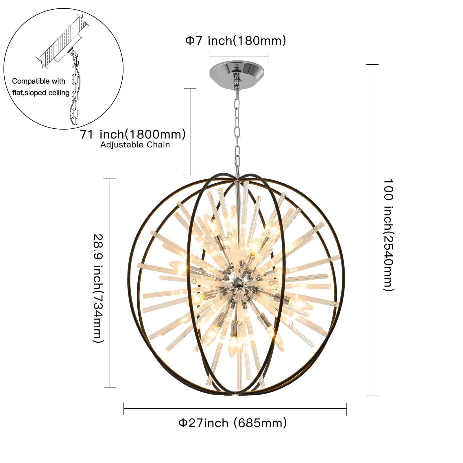 Vezzio 12-Light Globe Sputnik Chandelier, Black & Chrome, D27", Modern Pendant Light for High Ceilings, Entryway, Dining Room, Living Room
