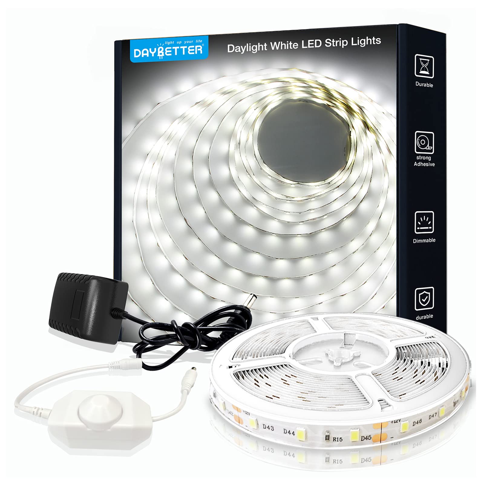 Daybetter White Led Strip Light, 16.4Ft Dimmable Bright Rope Light, 6500K 12V Light Strips, 300 Leds 2835 Tape Lights For Bedroo