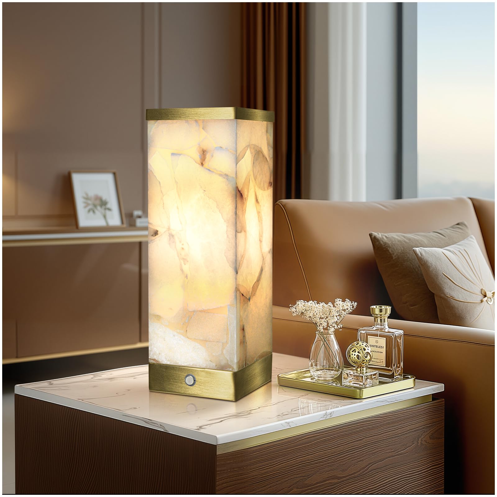 Scenekoy Alabaster Rechargeable Table Lamp for Living Room Bedroom Nightstand, Portable Battery Operated LED Bedside Lamp, Cordl