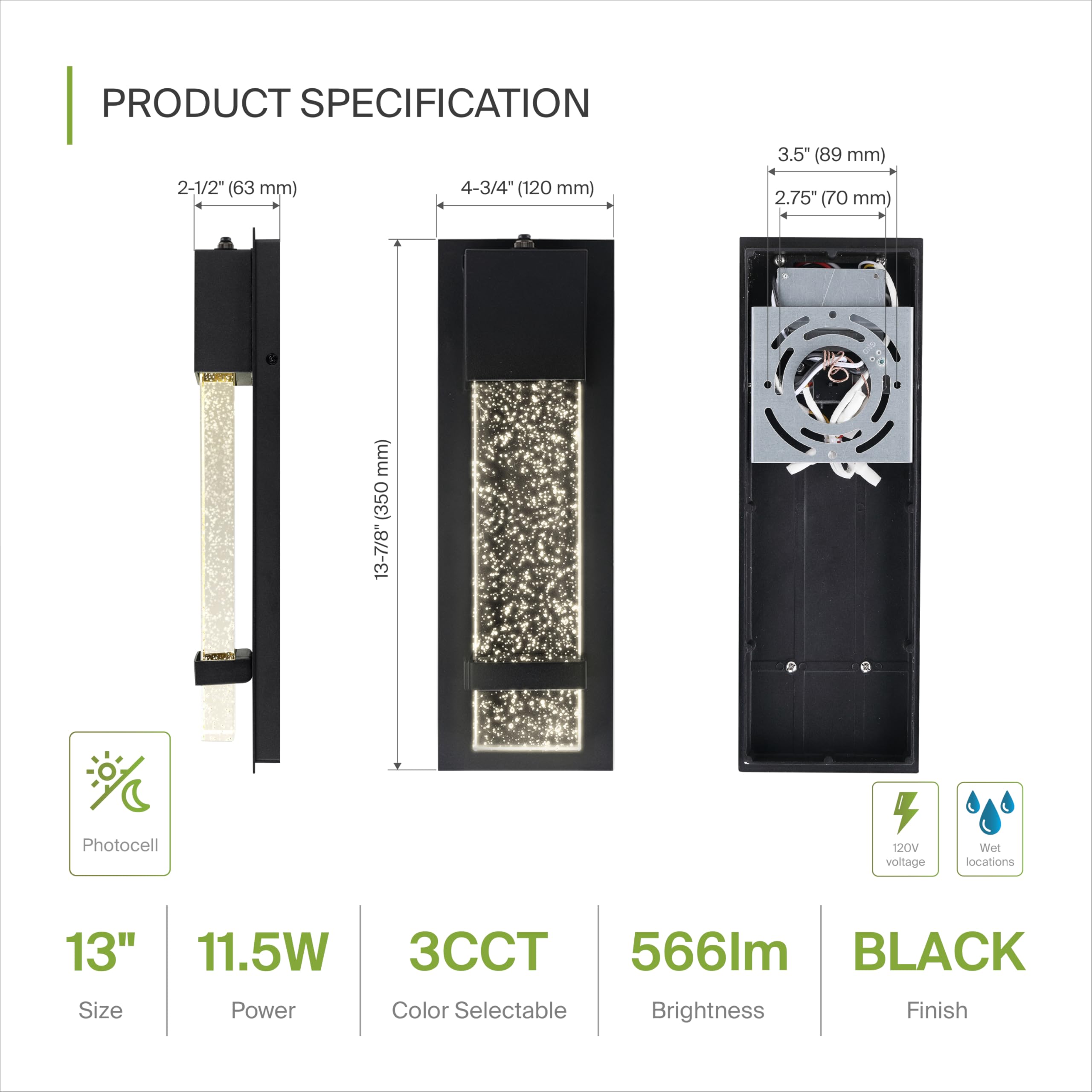 ASD LED Wall Light Fixture | 12W 500LM 3000K-5000K | 13 Inch | Black | Photocell, Waterproof, ETL Listed