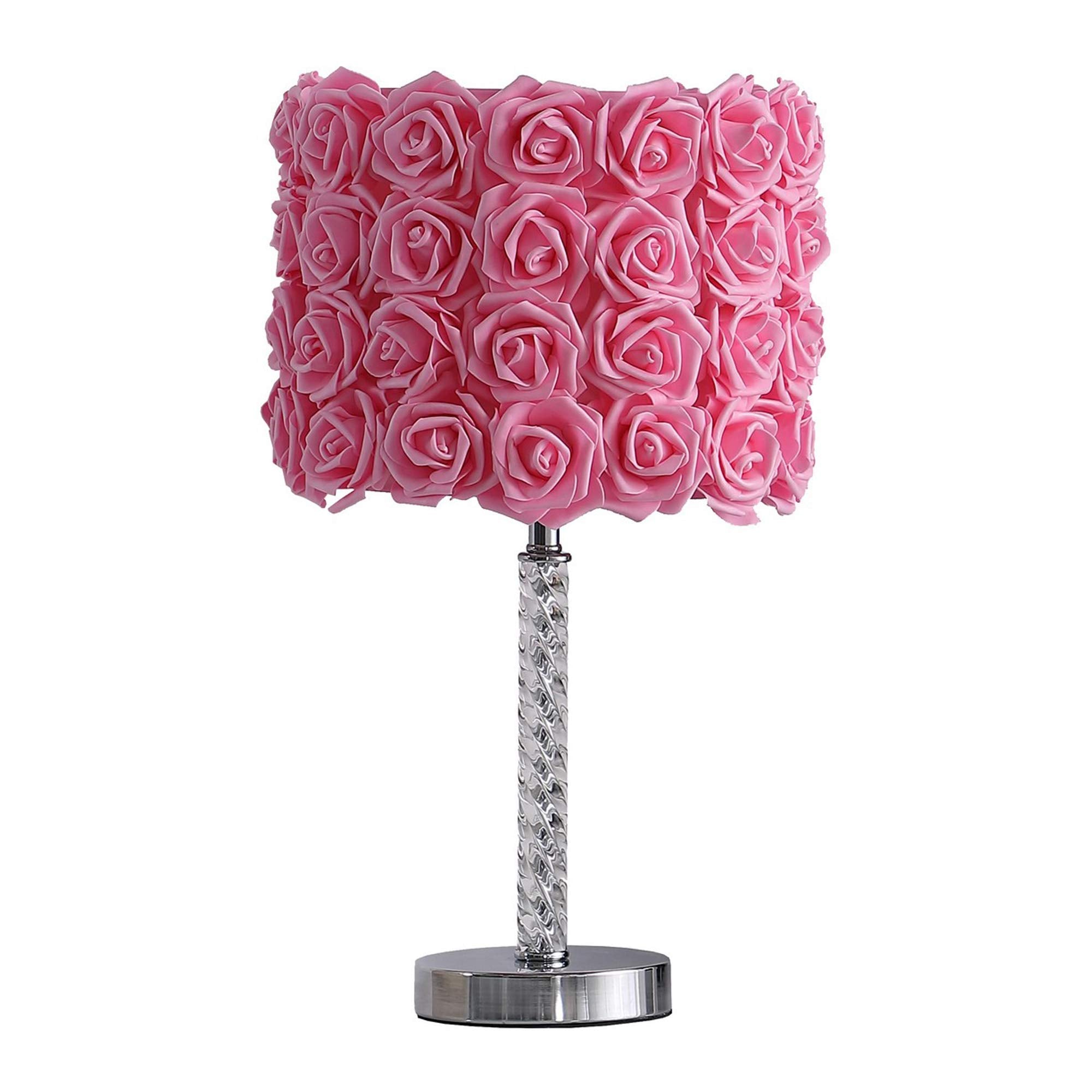 Benzara Bloom Roses Drum Shade Table Lamp, Twisted Acrylic Base, Pink, Model BM231814