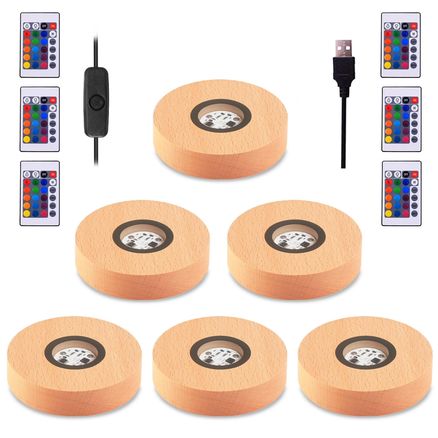 Myouke 4 Inch Led Light Base Display Base Round Lighted Display Stand,16 Colored Usb Light Table Light Base Wood Crystal Light G