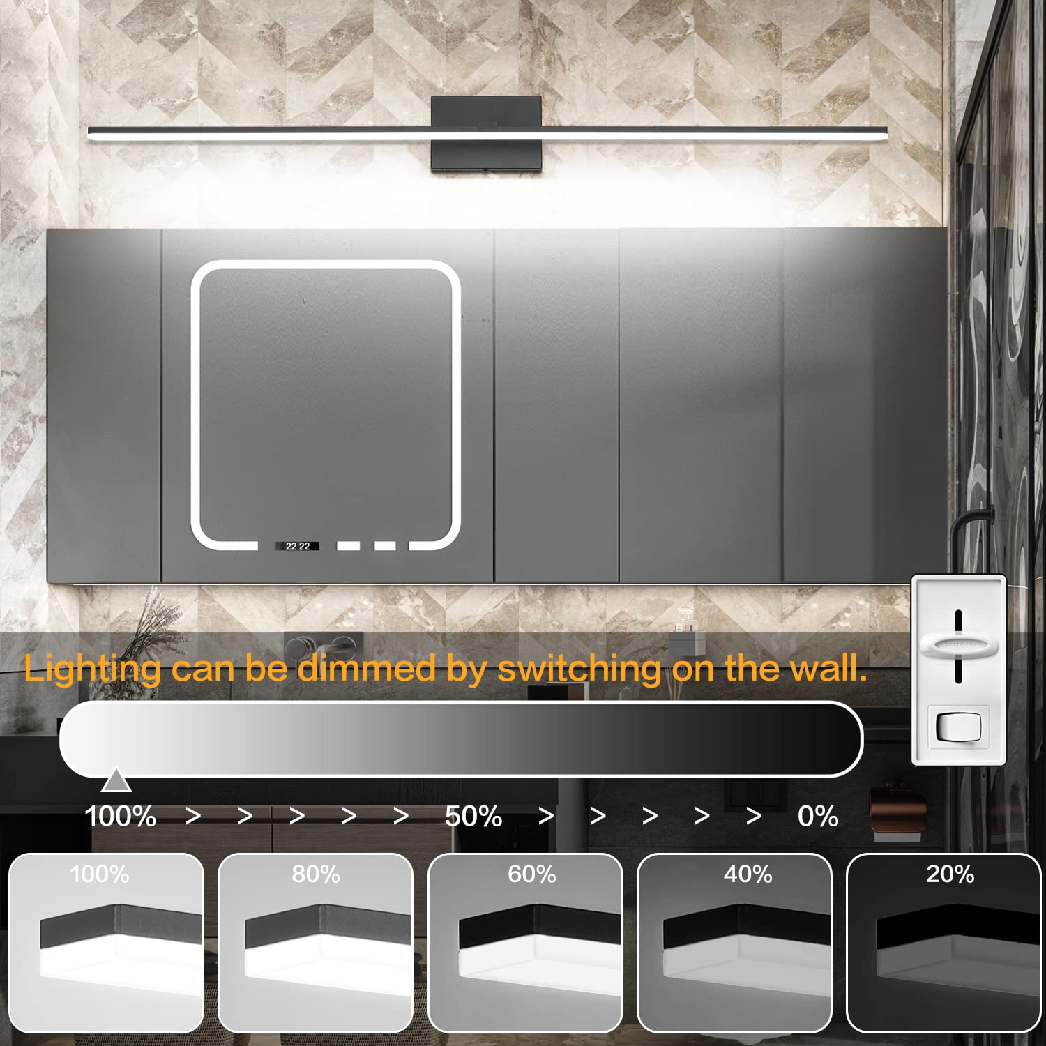 Zuzito 48" Dimmable Black Bathroom Light Fixture Over Mirror, Modern Wall Mount Vanity Lighting