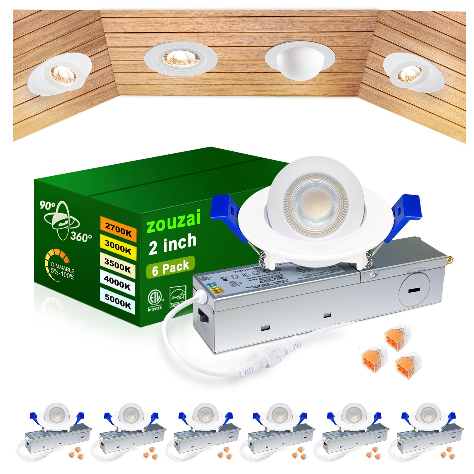 Zouzai 2 Inch 5Cct Gimbal Led Recessed Lighting With Junction Box  360+90 Adjustable Recessed Can Lights  2700K/3000K/3500K/4000K/5000K Selectable  5W Eqv 50W  550Lm Brightness - Etl (White 6 Pack)