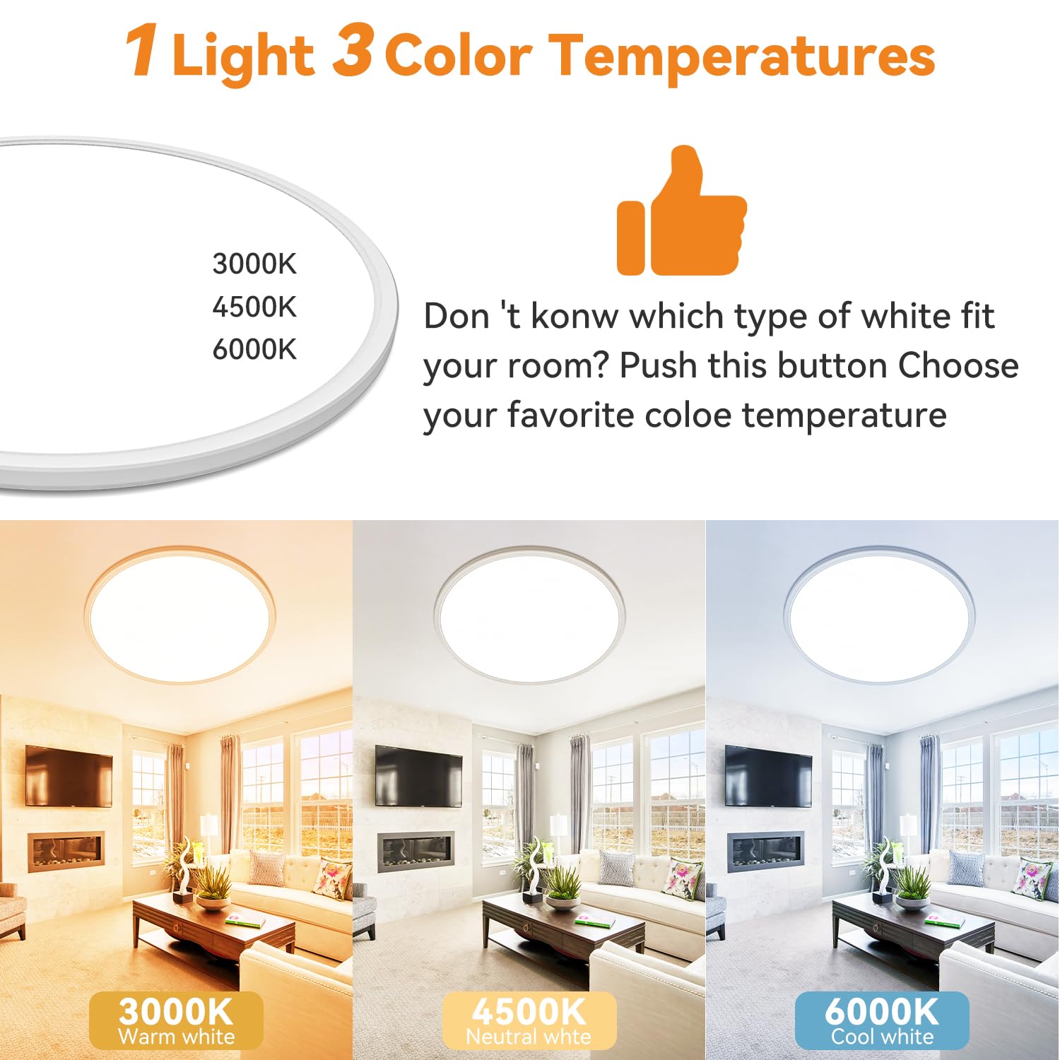 1Pack Led Flush Mount Ceiling Light Fixture, 3000K-4500K-6000K & 150W Equivalent Modern Kitchen Recessed Ceiling Lamp 36W 3600Lm