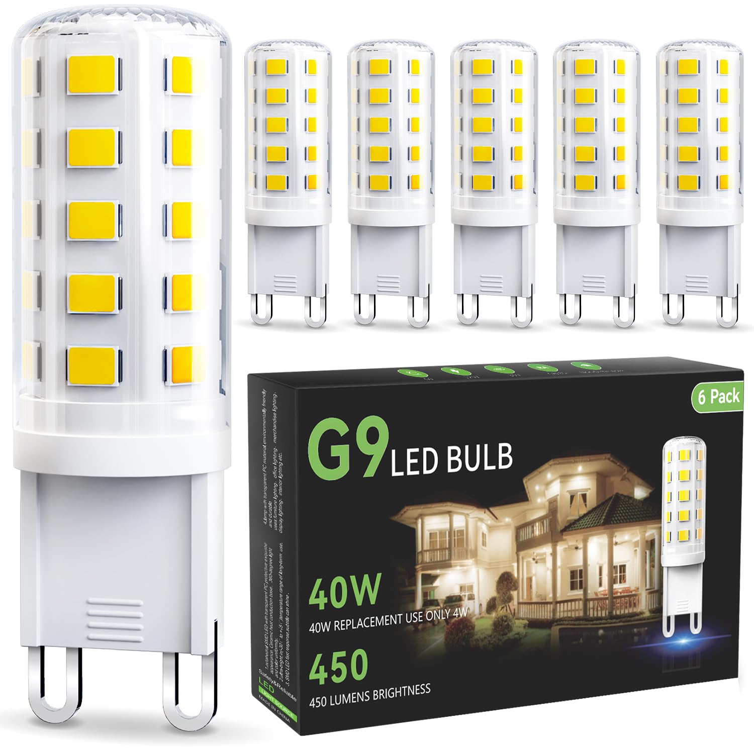 Volivo G9 Led Bulb 4W, Daylight White 6000K, 40 Watts Halogen Replacement T4 G 9 Bi Pin Base, Non-Dimmable No Flicker 120V 450 L