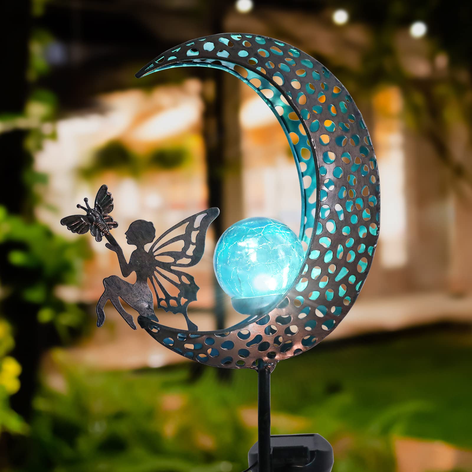 Bshine Moon Solar Light Outdoor Garden Decoration  Moon Fairy Garden Statue Christmas Outdoor Decor Metal Waterproof Light Stake For Patio  Path  Yard And Lawn Ornament  Housewarming Gift For Mom Blue