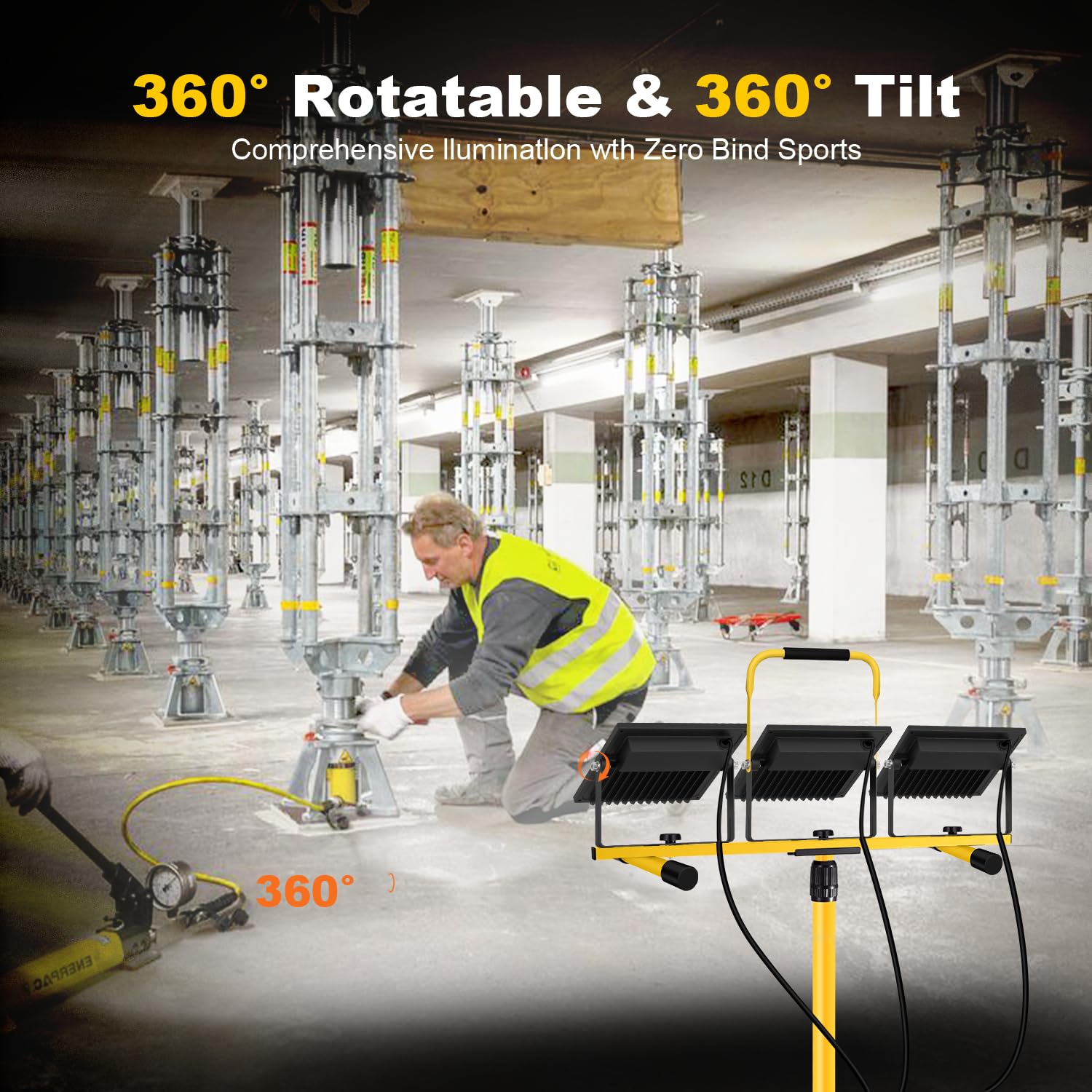 RIUVAO 54000 Lumen LED Work Lights with Stand, IP67 Waterproof, Adjustable Heads, 16FT Cord, Yellow, Model TWD300