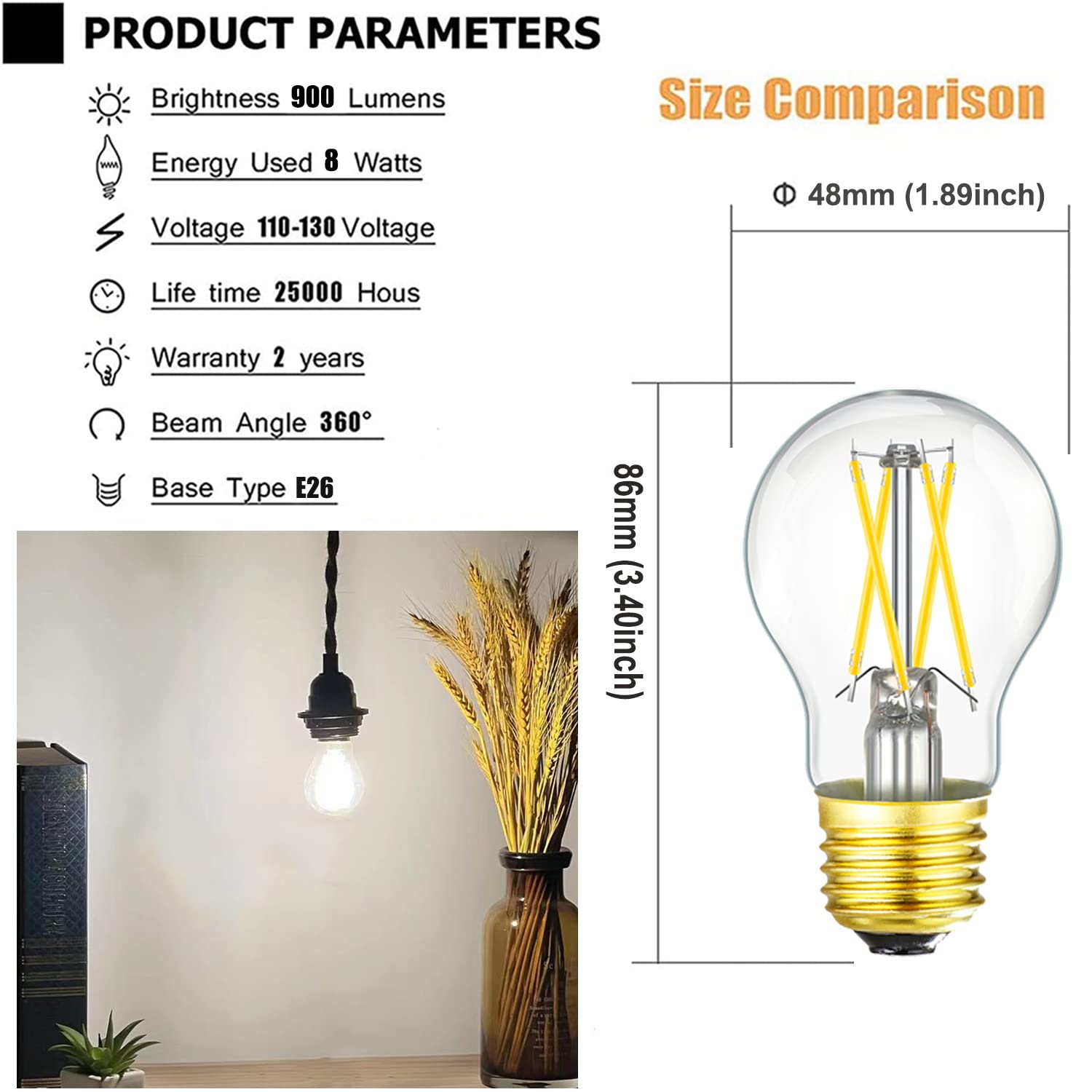 Leools A15 LED Bulb 8W, 75W Equivalent, Neutral White 4000K, Glass, Pack of 6