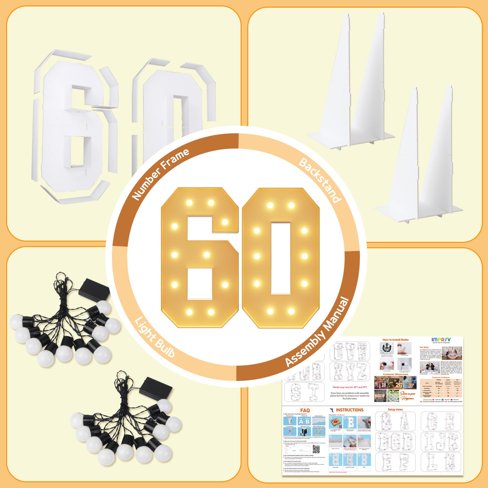 imprsv Light Up Numbers - 60th Birthday Decorations - Foam Board - 4FT Size - Marquee Style