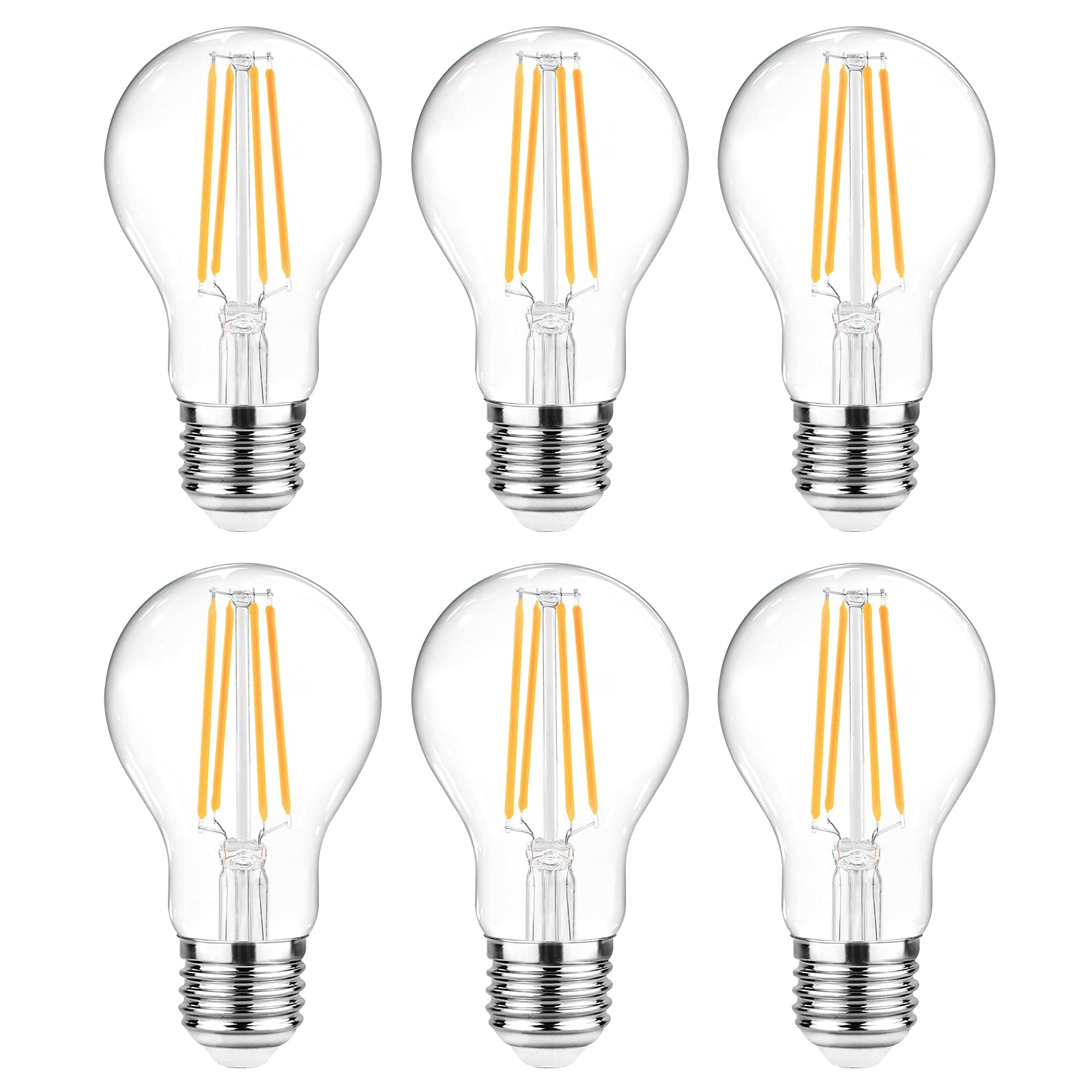 Ascher LED Filament Light Bulbs, 60W Equivalent, Warm White 2700K, Glass, 6-Pack