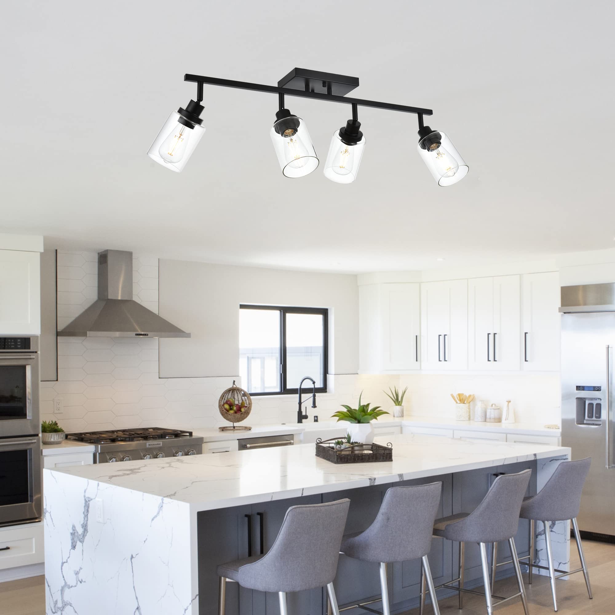 Melucee 4 Light Track Lighting Kit Bathroom Light Fixtures Matte Black Ceiling Spotlight Fixture For Hallway Foyer Bath Storage, Clear Glass Shade