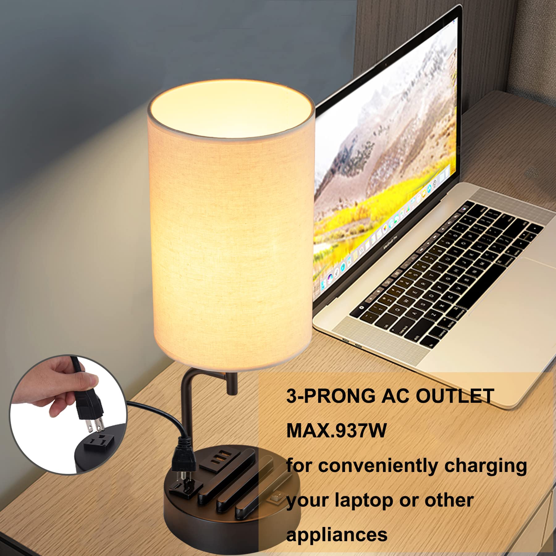 Dreamholder Modern Table Lamp - 3 USB Ports, AC Outlet, Linen Shade, Model DH9099, Pack of 2, Ideal for Bedroom, Living Room, Office