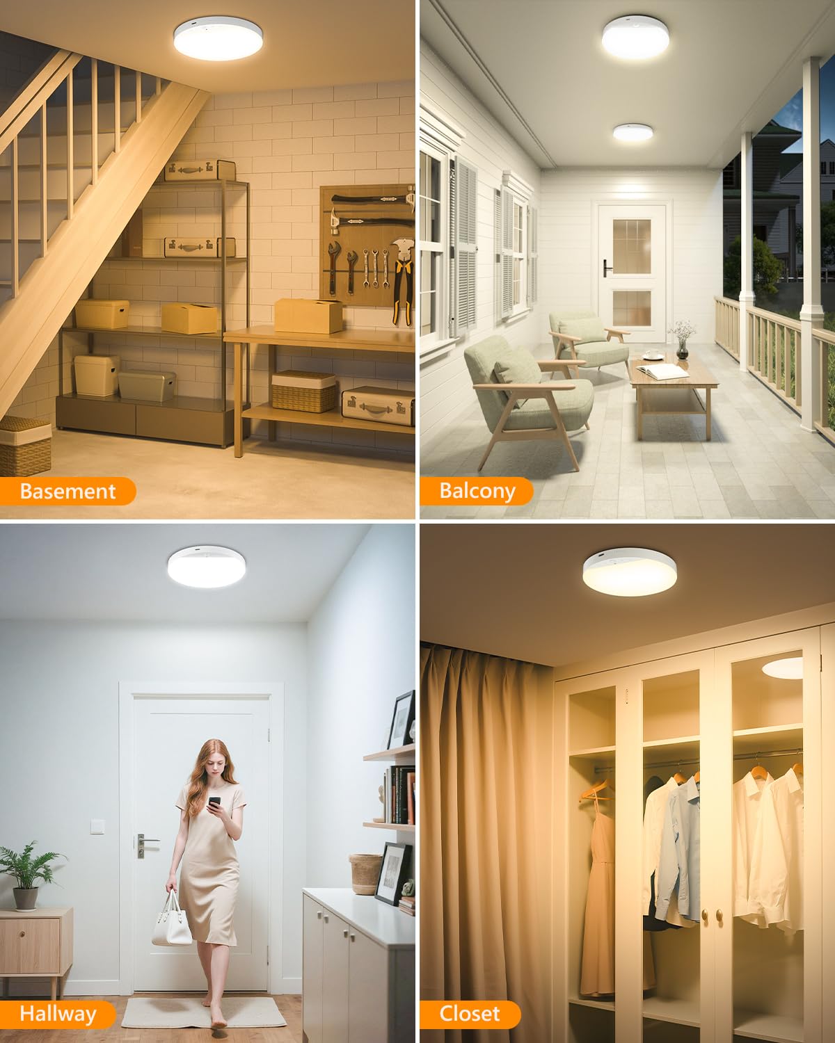 Rechargeable 8W Motion Sensor Ceiling Light, Wireless Magnetic Stick-On, Remote Control for Color & Brightness, Battery Operated
