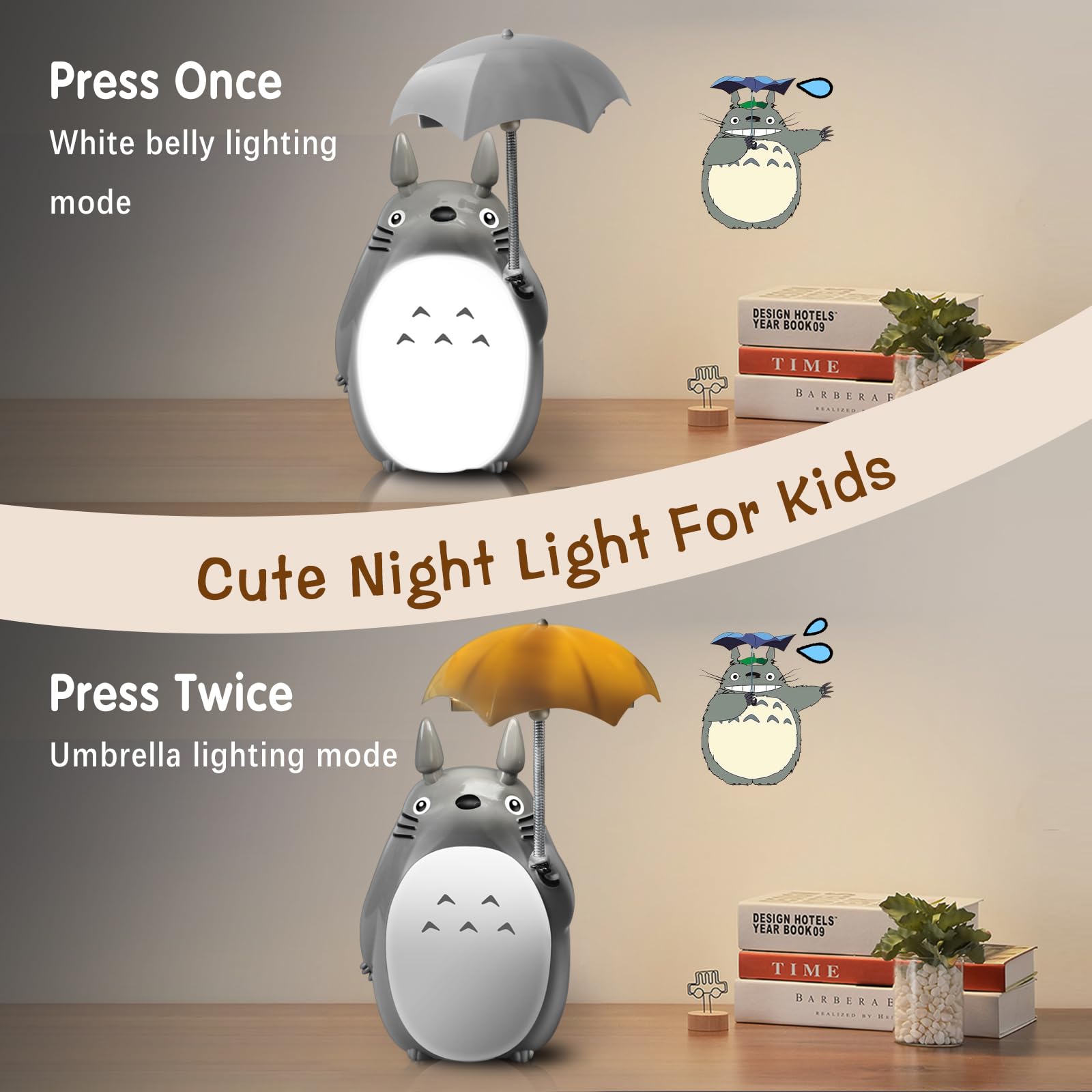 BATVOX Totoro Umbrella LED Night Light Lamp USB Charge - White Belly, Model BT-1014, Bonus Totoro Tumbler for Kids