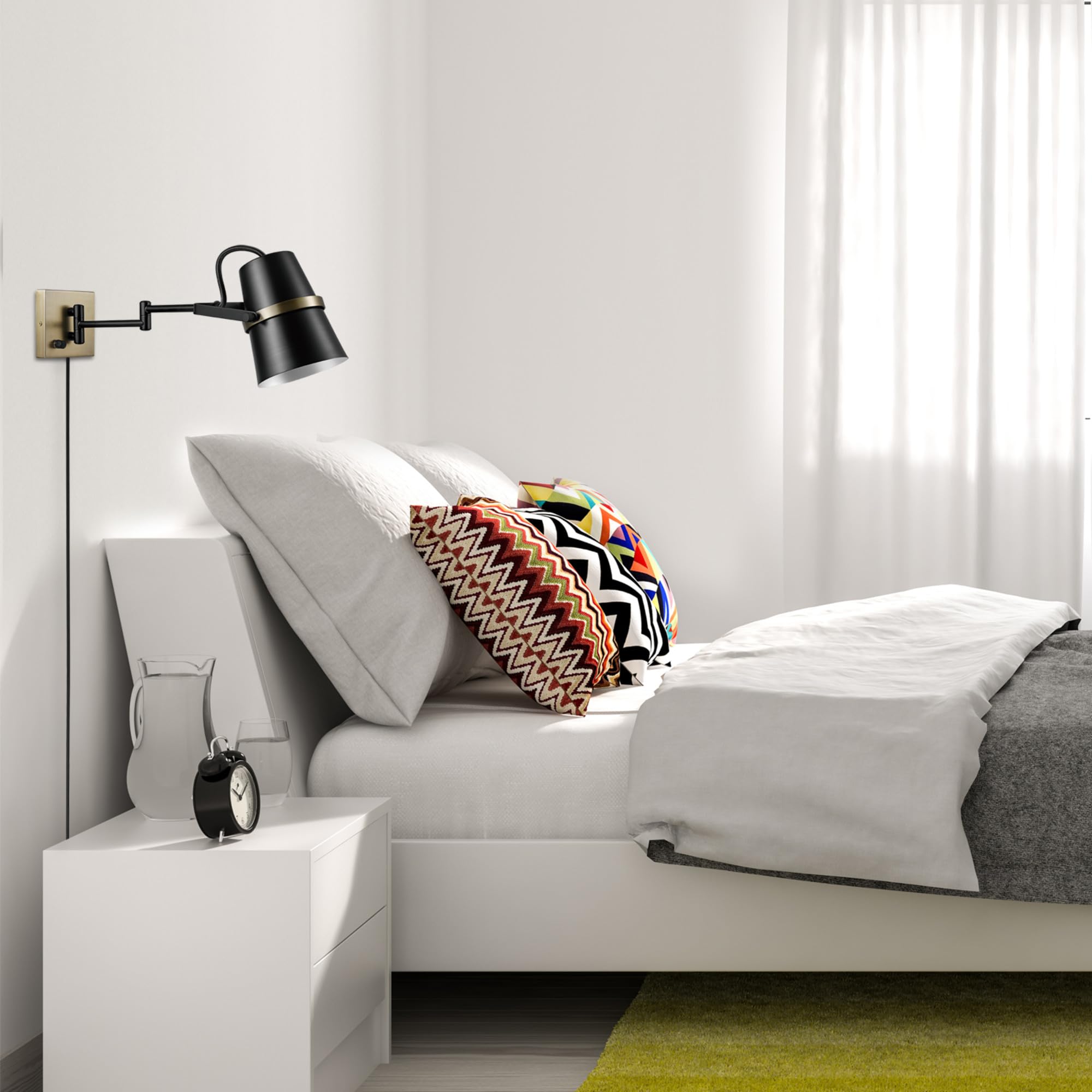 Globe Electric 51345 1-Light Plug-In Or Hardwire Swing Arm Wall Sconce, Matte Black, Brass Accents, 6Ft Black Woven Fabric Cord,