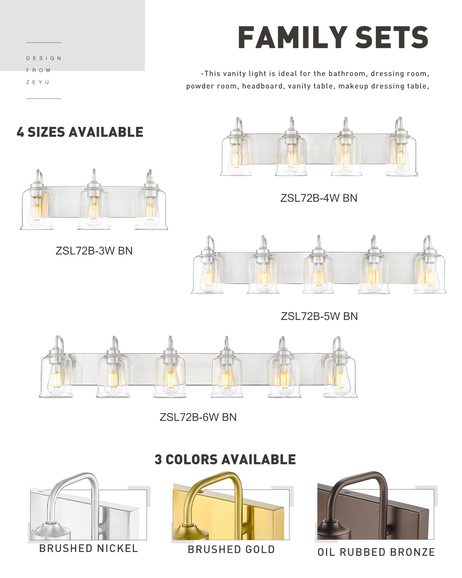 Zeyu 20.5 Inch Modern Bathroom Vanity Lamp, 3-Light Wall Mirror Light For Bathroom, Brushed Nickel Finish With Clear Glass Shade