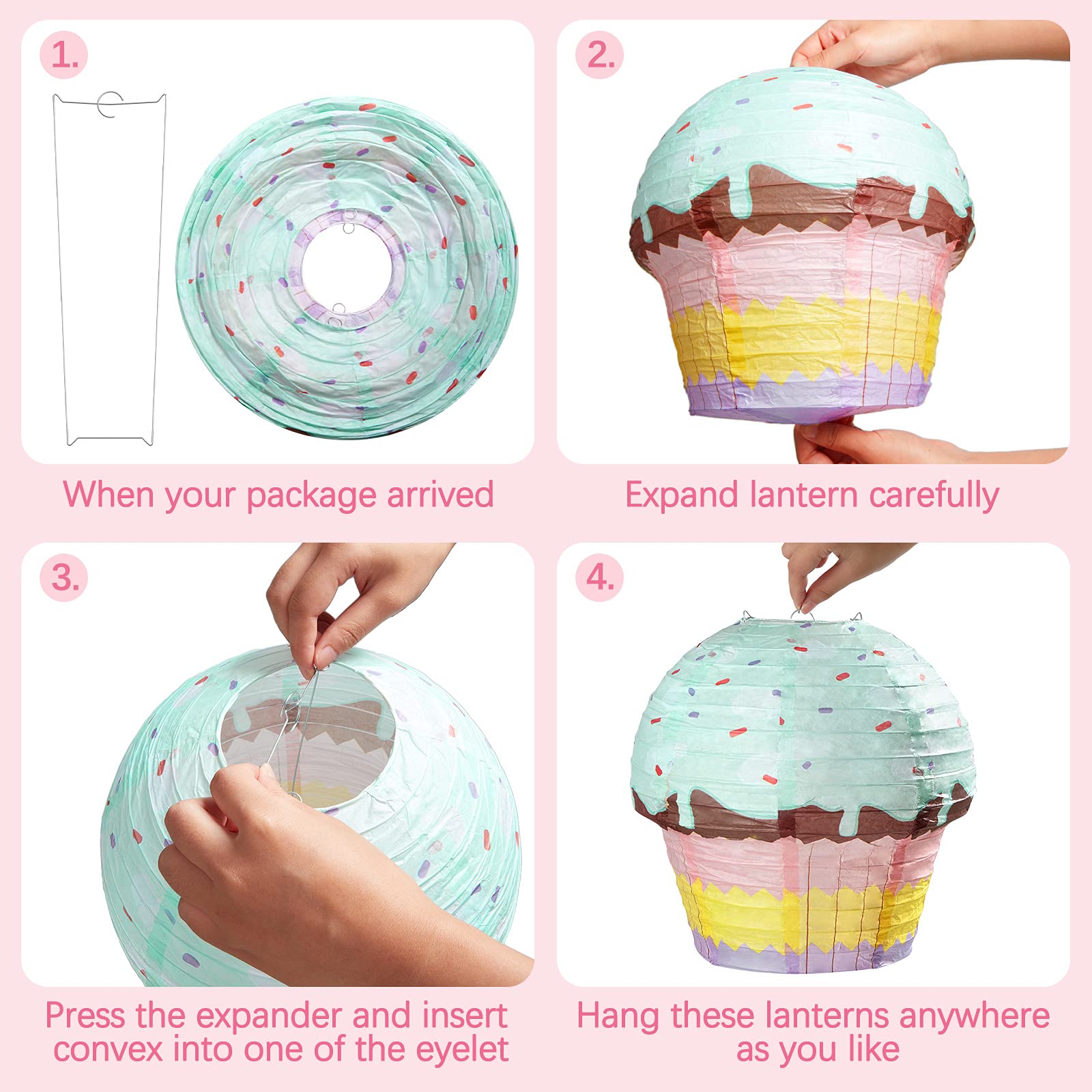 Riakrum 3 Pieces 12 Inches Large Candyland Cupcake Party Decoration Cupcake Paper Lanterns Donut Lanterns Ice Cream Party Decor