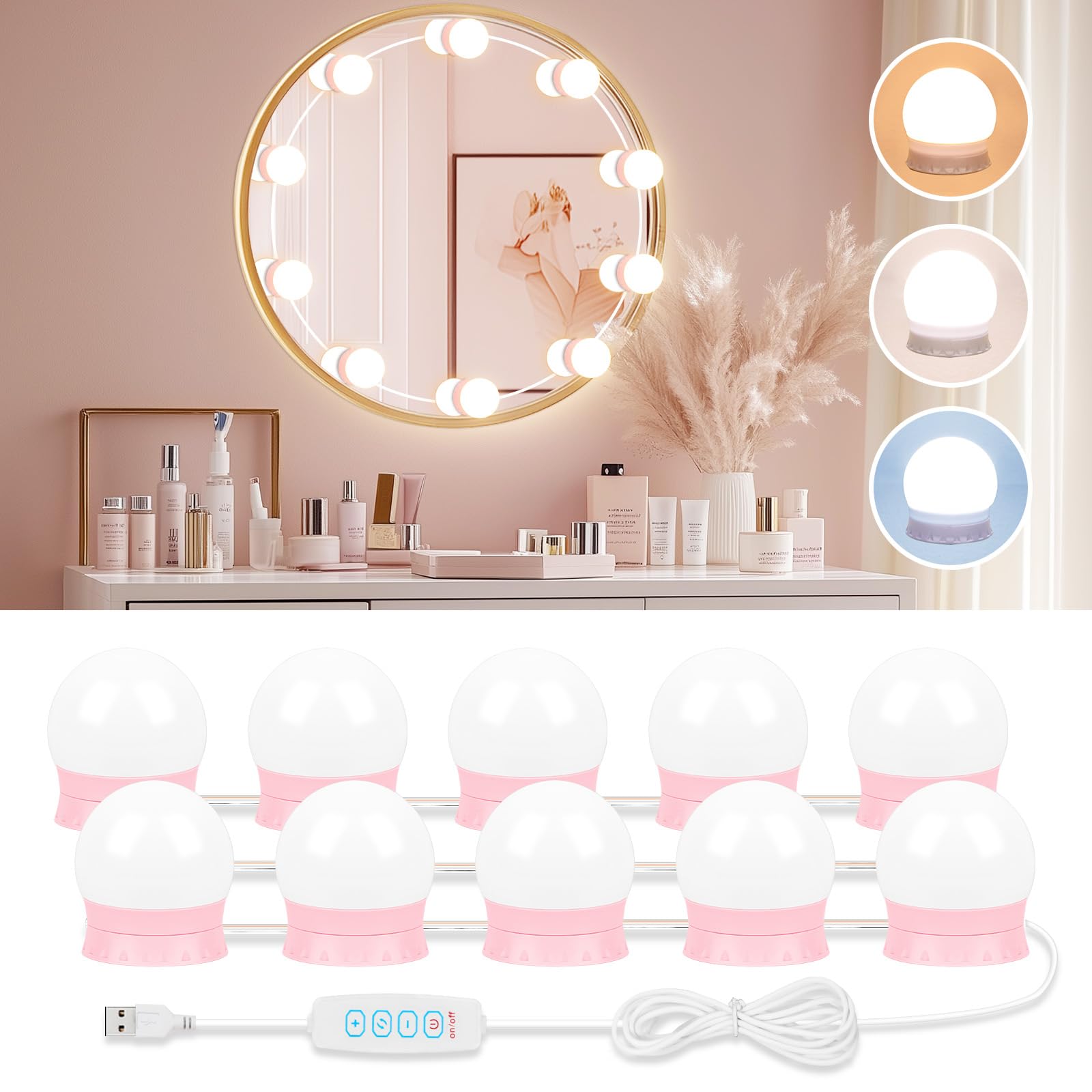 Led Vanity Lights For Mirror, Pink Vanity Lights Stick On With 10 Dimmable Bulbs, 3000K 4000K 6500K & 10 Level Brightness Adjust