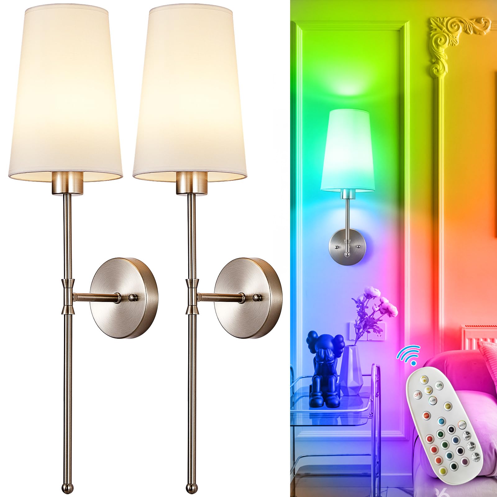 Depuley Wall Sconce Set of 2, 27in Wireless Lights with Remote, Rechargeable, Brushed Nickel, Metal for Bedroom and Hallway Decor