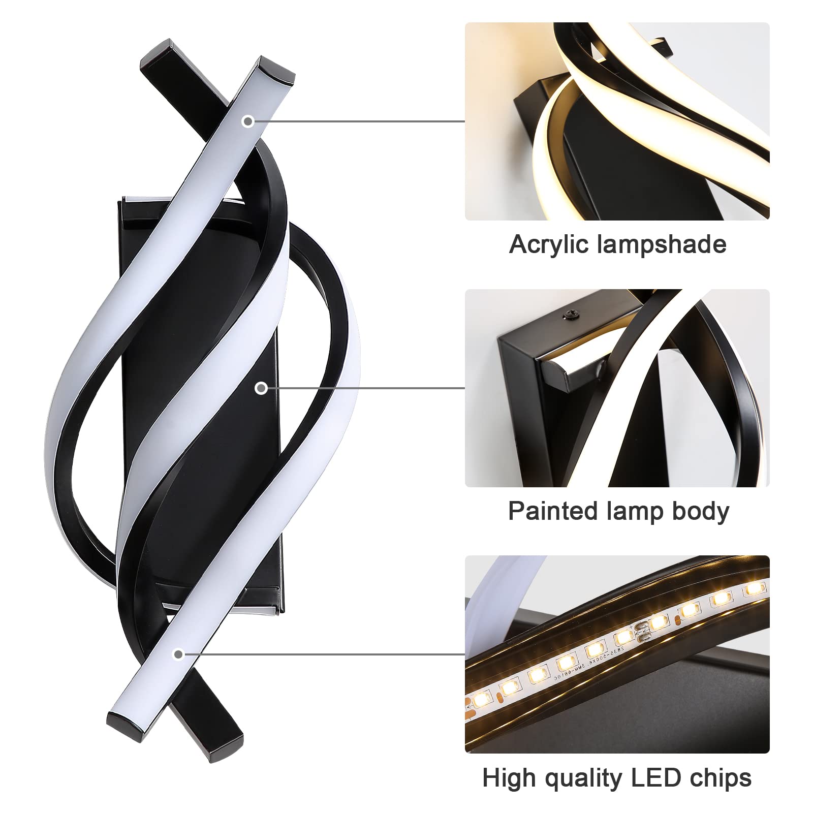 Delipop Modern Led Wall Sconce, 21W 3000K Warm Light, Black Acrylic Fixture For Indoor Use