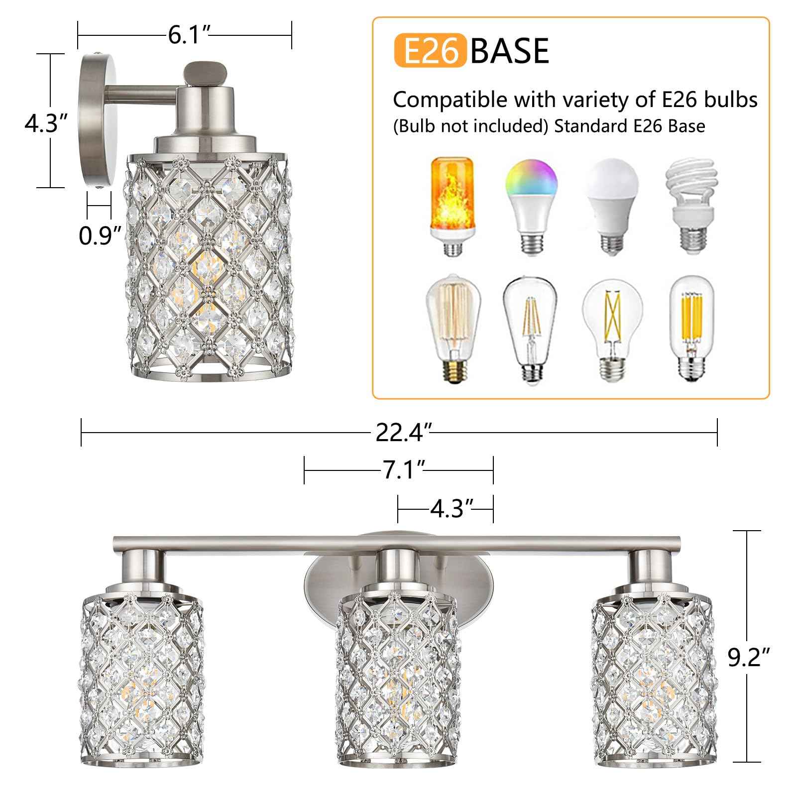 3 Light Bathroom Light Fixtures, Modern Farmhouse Vanity Light,Brushed Nickel Bathroom Lights Over Mirror,Crystal Vanity Lighting Fixtures For Bathroom,Powder Room