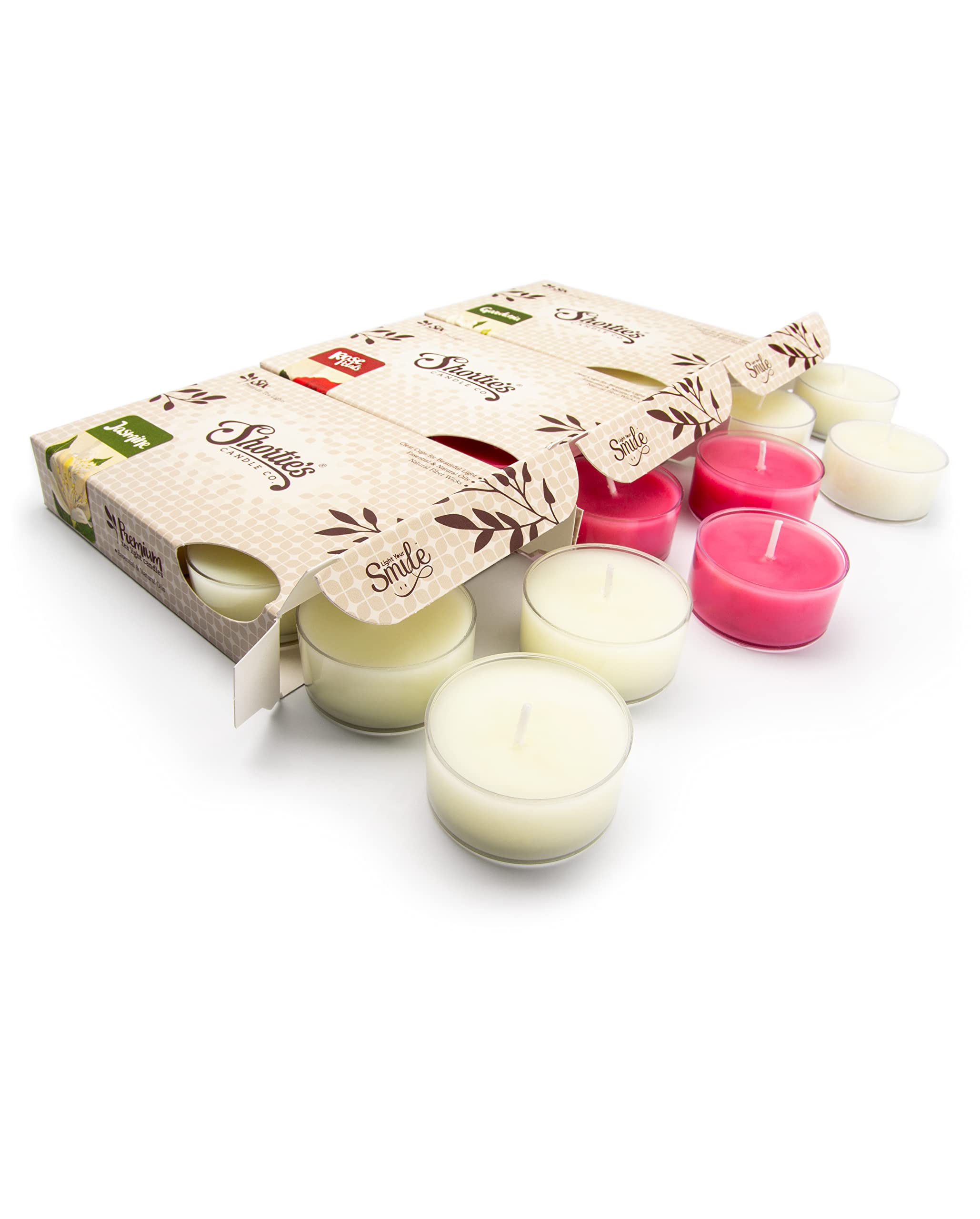 ShortieS Candle Company Floral Tealight Candles 3 Pack - Highly Scented Rose, Jasmine, Gardenia - Paraffin Wax, Pink/Purple/Yellow