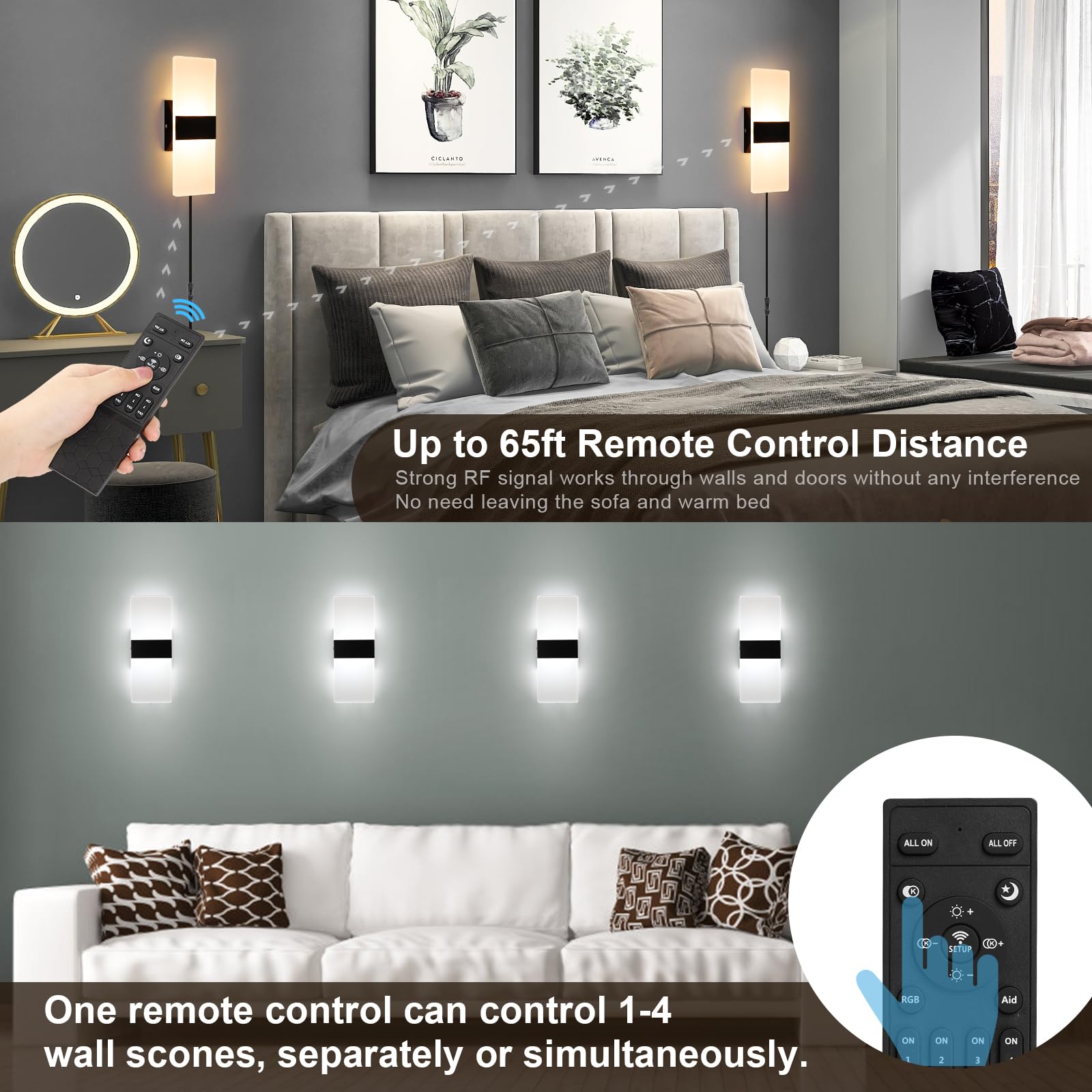 GOODATE Plug in Wall Sconces, Adjustable 3000K-6500K, 12W LED, Set of 2, Black, Acrylic + Pure Aluminum, Model YKL-02