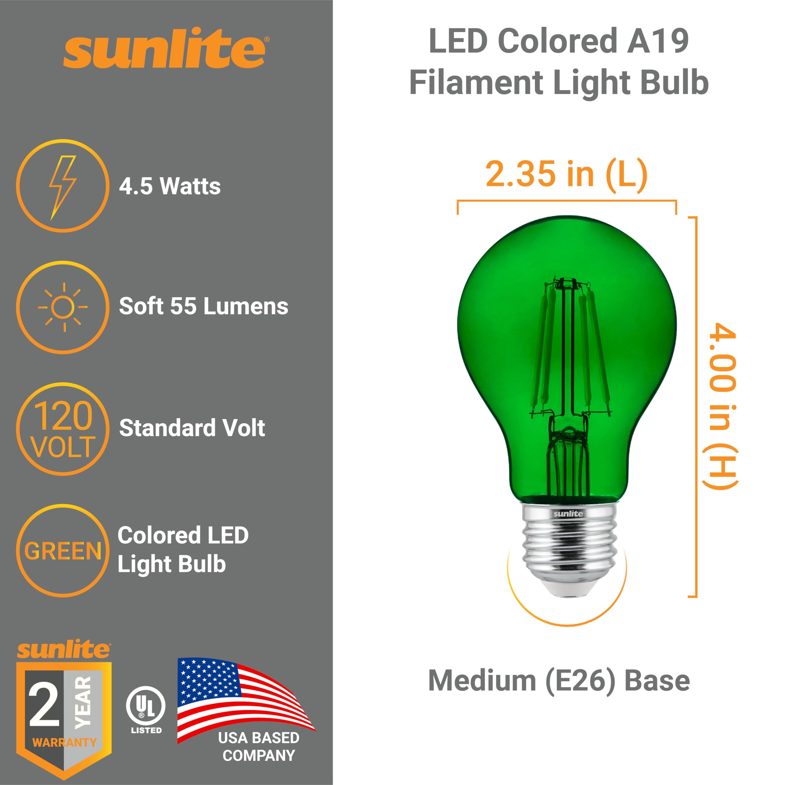 Sunlite 40941 Led Colored Filament A19 Light Bulb, 4.5 Watts, Medium E26 Base, 120 Volts, Transparent Green, Dimmable, 320 Degre