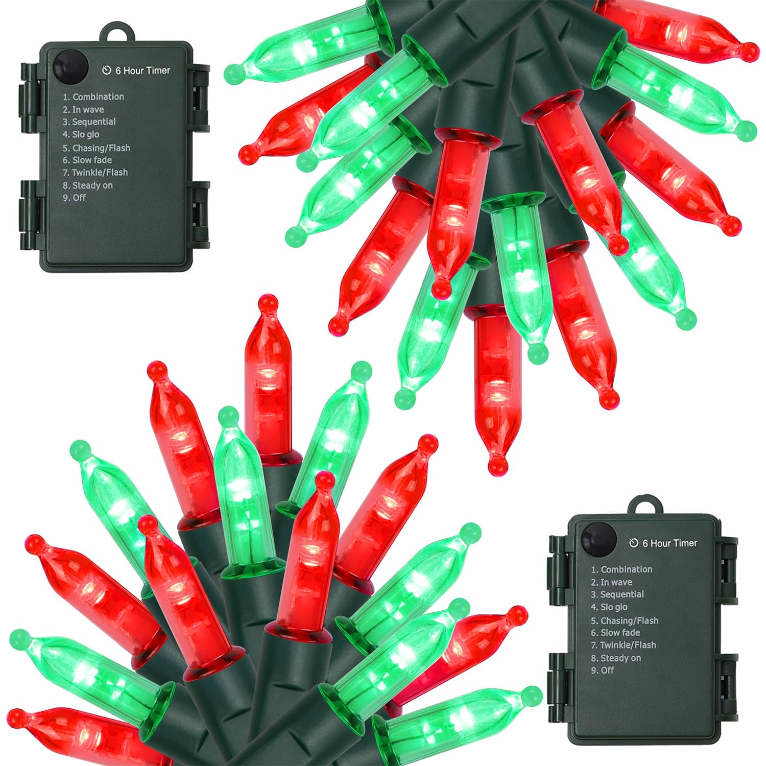 WATERGLIDE 2 Pack 50 LED Outdoor Christmas Lights, 16FT Battery Operated Mini String Lights with 8 Modes & Timer, Xmas Tree Lights Waterproof for Patio Garden Party Wedding Holiday Decor, Red & Green