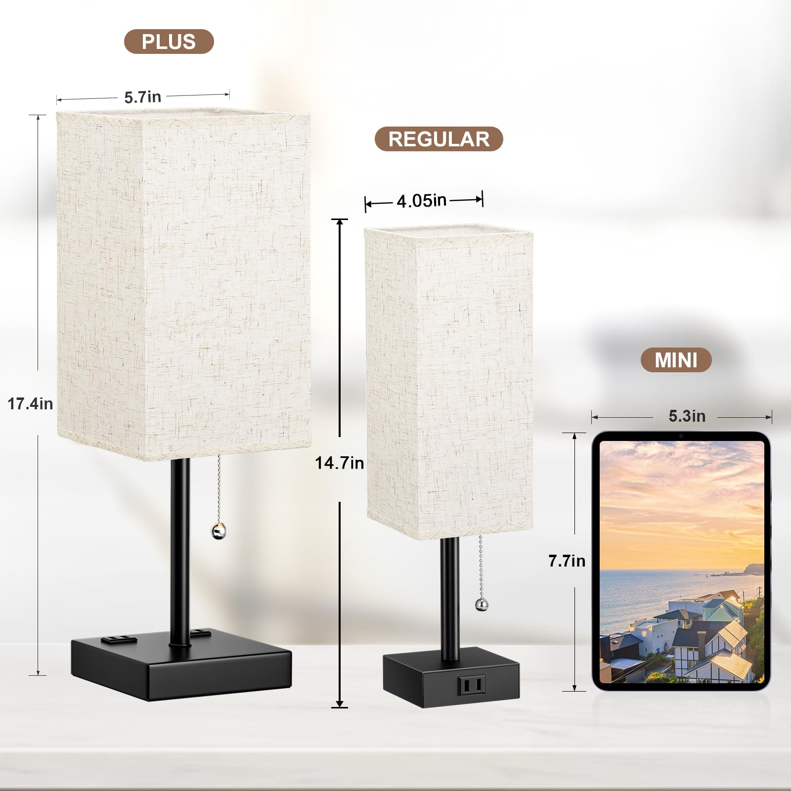 Table Lamps For Bedroom Set Of 2 Nightstand - 17.4In Tall, 3 Color Bedside Lamps With Ac Outlets And Usb A & C For Charging, Squ