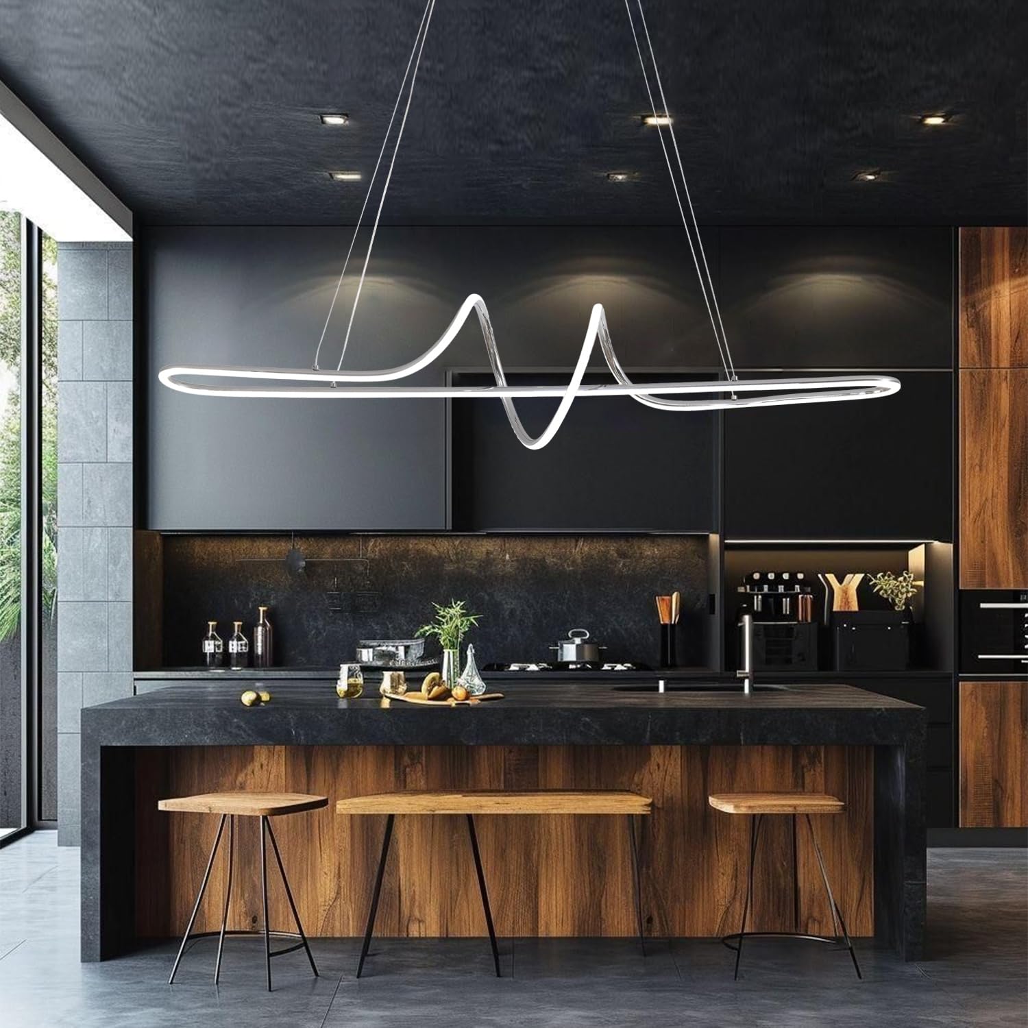 EMBRING Modern Dimmable LED Chandelier, Electroplated Chrome, Aluminum, 39.4in - Model SW005-SPGD-wt-110 for Dining Room and Kitchen Island.