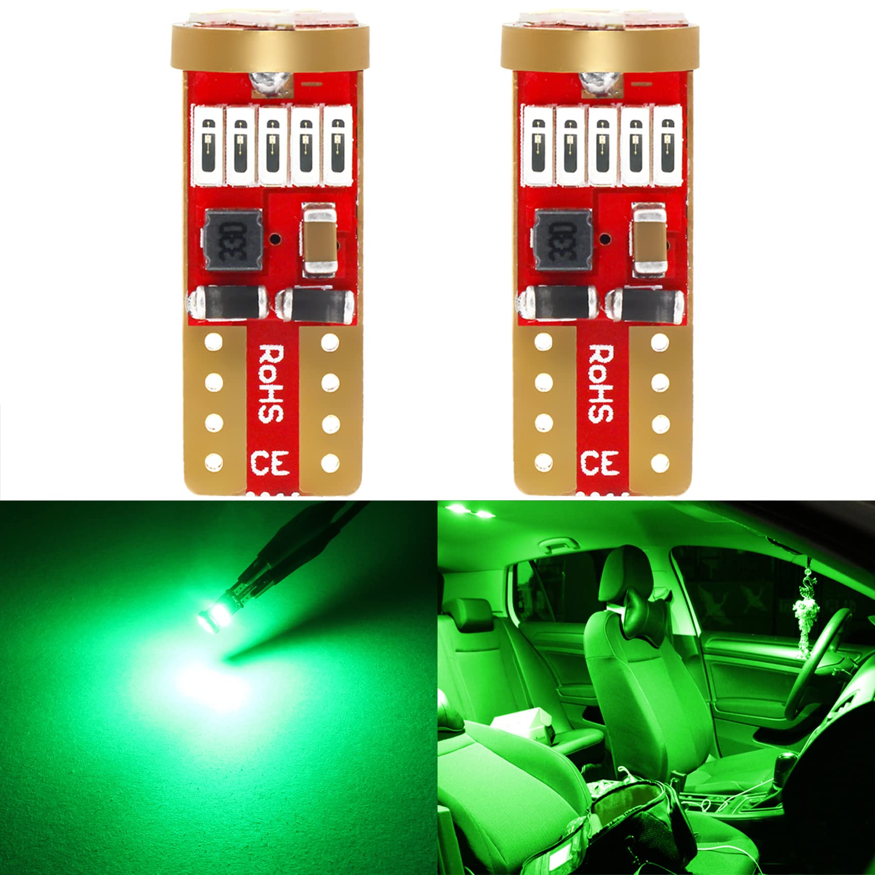 PHINLION 194 LED Replacement Bulbs, Green, Pack of 2, 15-SMD 4014 Chipsets for Car Side Marker, Dome, Map, Courtesy, License Plate Lights