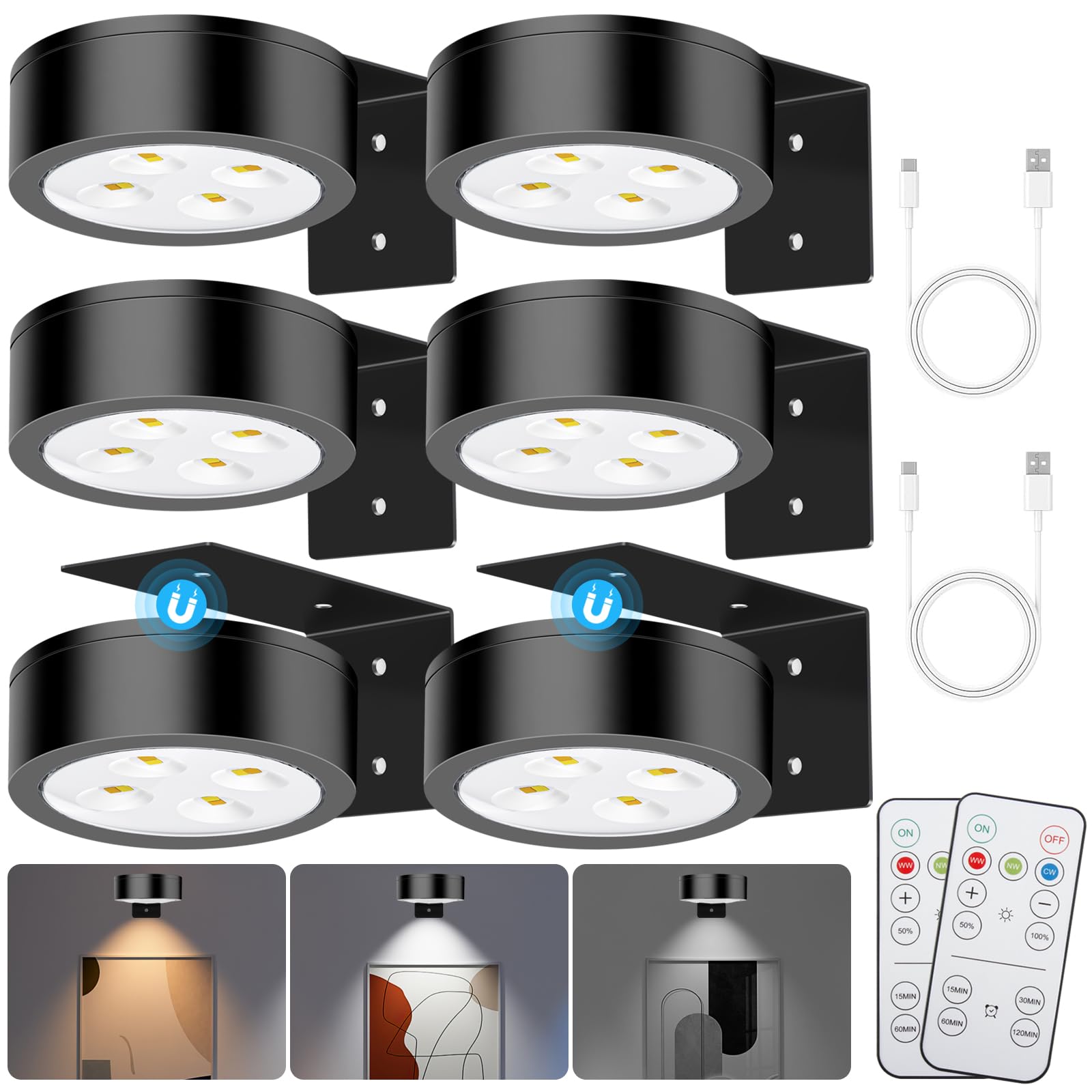 SIXDEFLY Picture Lights, Rechargeable LED Art Display Light, 3 Modes, Remote Control, 6 Pack, Black