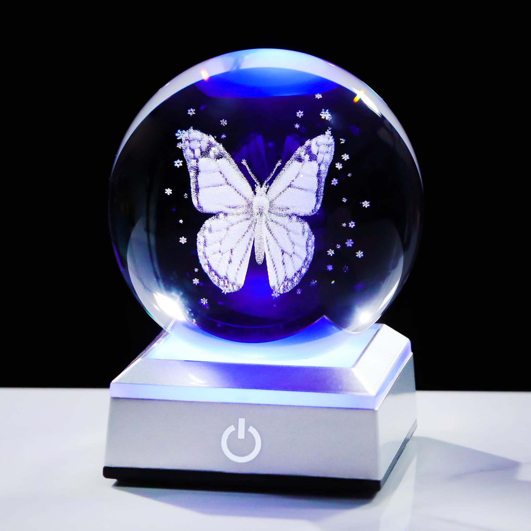 Ornalrist 3.15in. 3D Crystal Ball Engraved Butterfly Gifts for Women Girlfriend Night Light with LED Base, Glass Butterfly Ball Valentine's Day Gifts for Butterfly Lover Figurine Home Decor