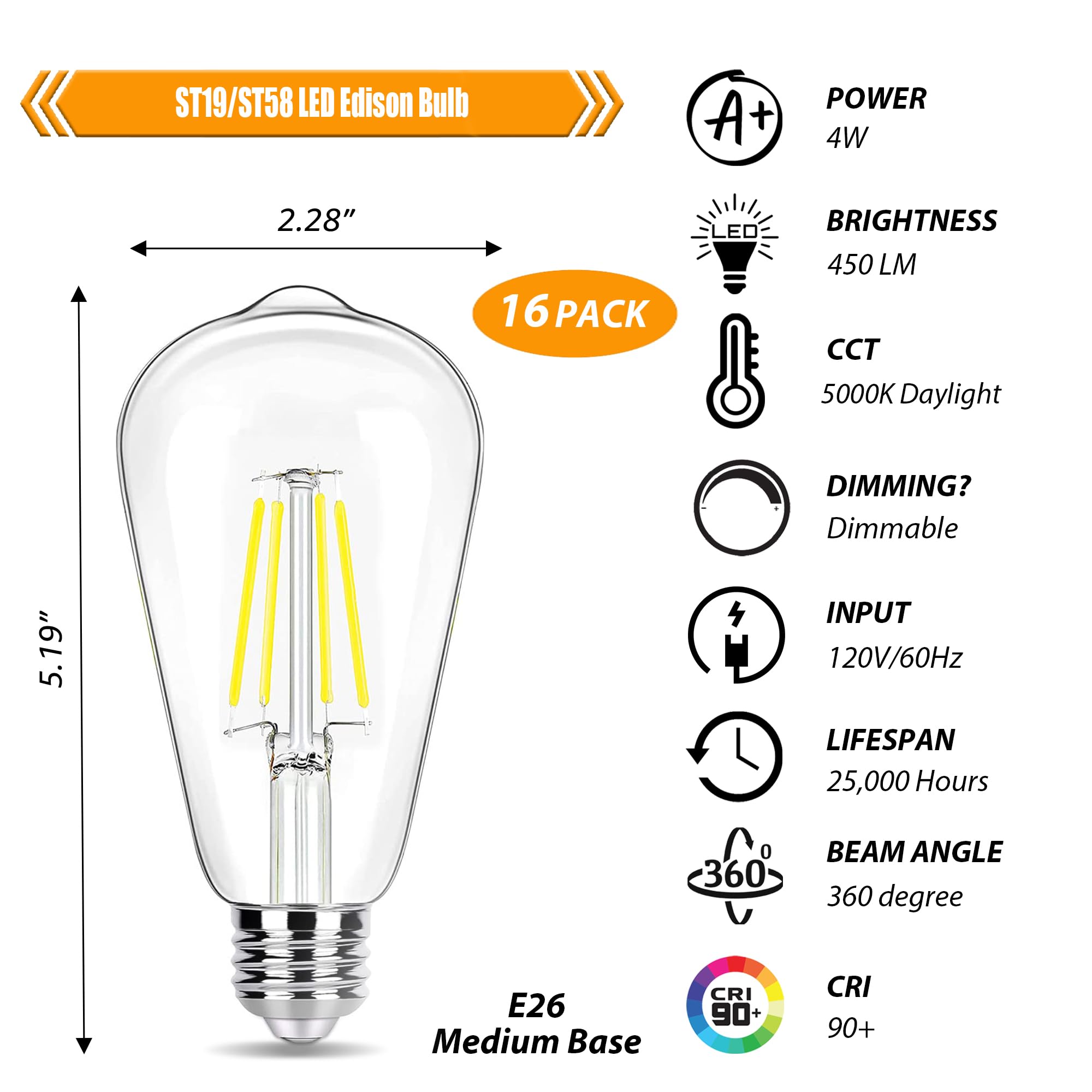 Winsaled 16 Pack Led Edison Bulbs 40W Equivalent, Dimmable 4W Led Filament Bulb, 5000K Daylight St19 Light Bulb, 450Lm E26 Vinta