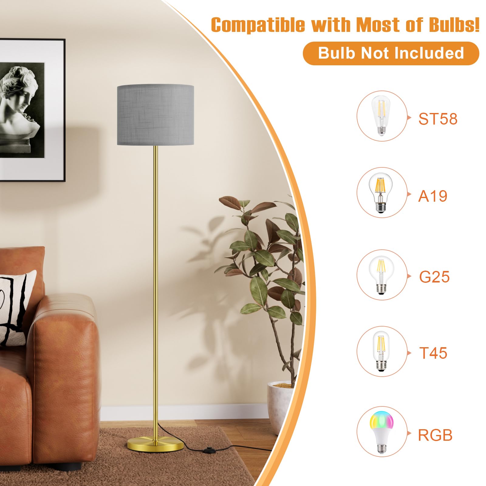 Ambimall 60in  Modern Floor Lamp with Linen Grey Shade, Brushed Gold Pole, Model RPT-ZGB128