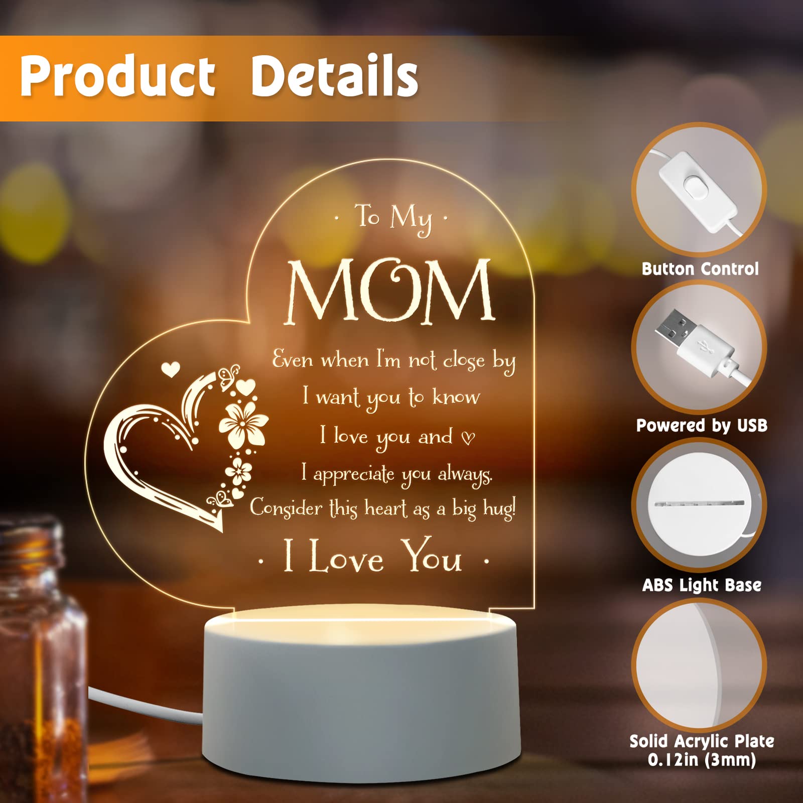 Afterprints Gifts For Mom - To My Mom Night Light, Mother Gifts From Daughter Son On Birthday, Mothers Day, Christmas, Engraved