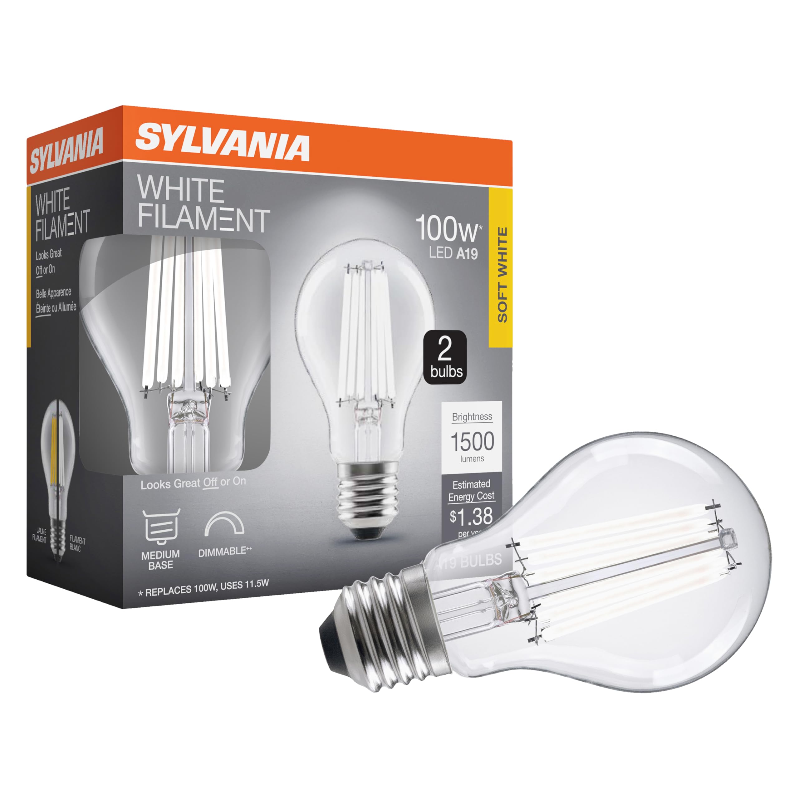 Sylvania A19 Clear Led White Filament Bulb, 11.5W, Dimmable, 1500 Lms, Medium Base, 2700K, Soft White - 2 Pack (42172)