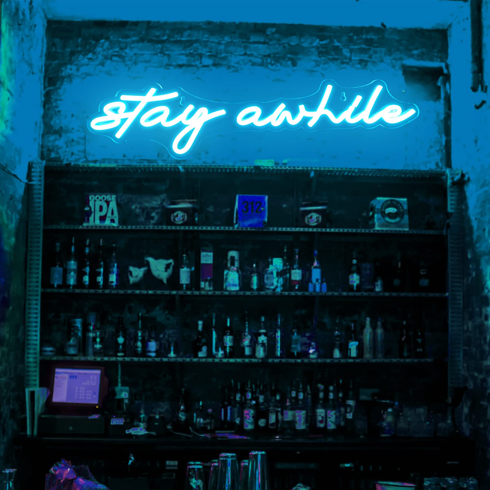Imegina Dimmable Led Neon Sign - Stay Awhile Ice Blue Wall Decor For Bedroom, Pub, Party