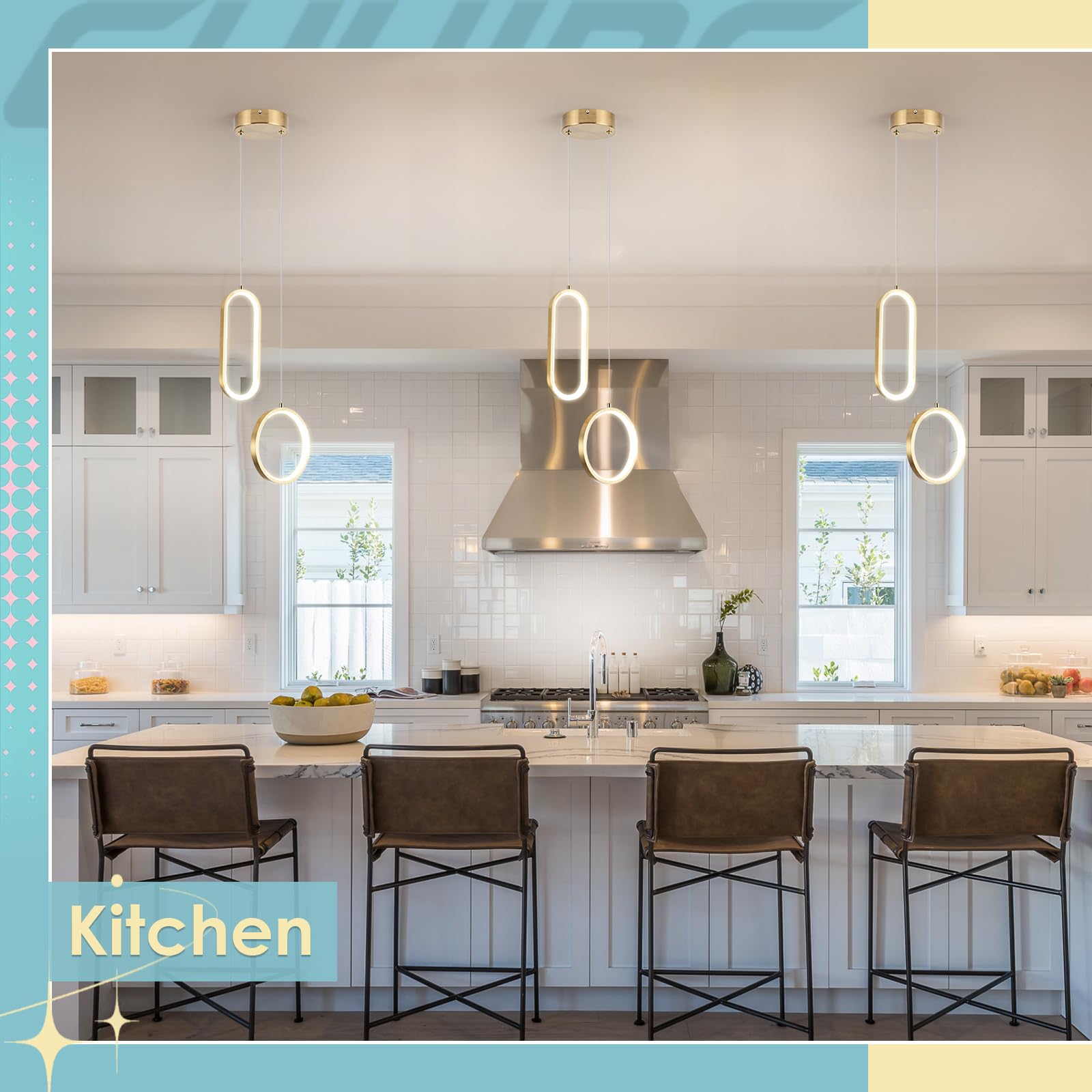 CHYING LED Pendant Light, 2 Ring 24W, Dimmable, 3-Color Temp, Gold, Model CYD401-2RING-G-D