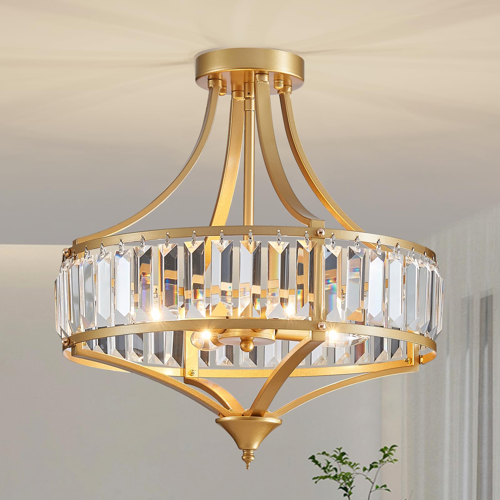 Modern Crystal Chandelier 4 Lights Gold Semi Flush Mount Ceiling Light Fixture E12 Base Farmhouse Chandelier for Dining Room Bed