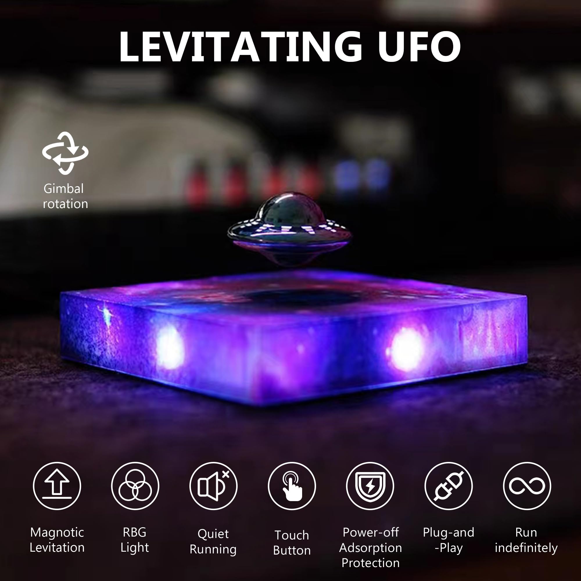 INOVAXION Levitating UFO Lamp - Magnetic Floating Decor, RGB Galaxy Base, Touch Control, Purple, Model SIM75-UFO