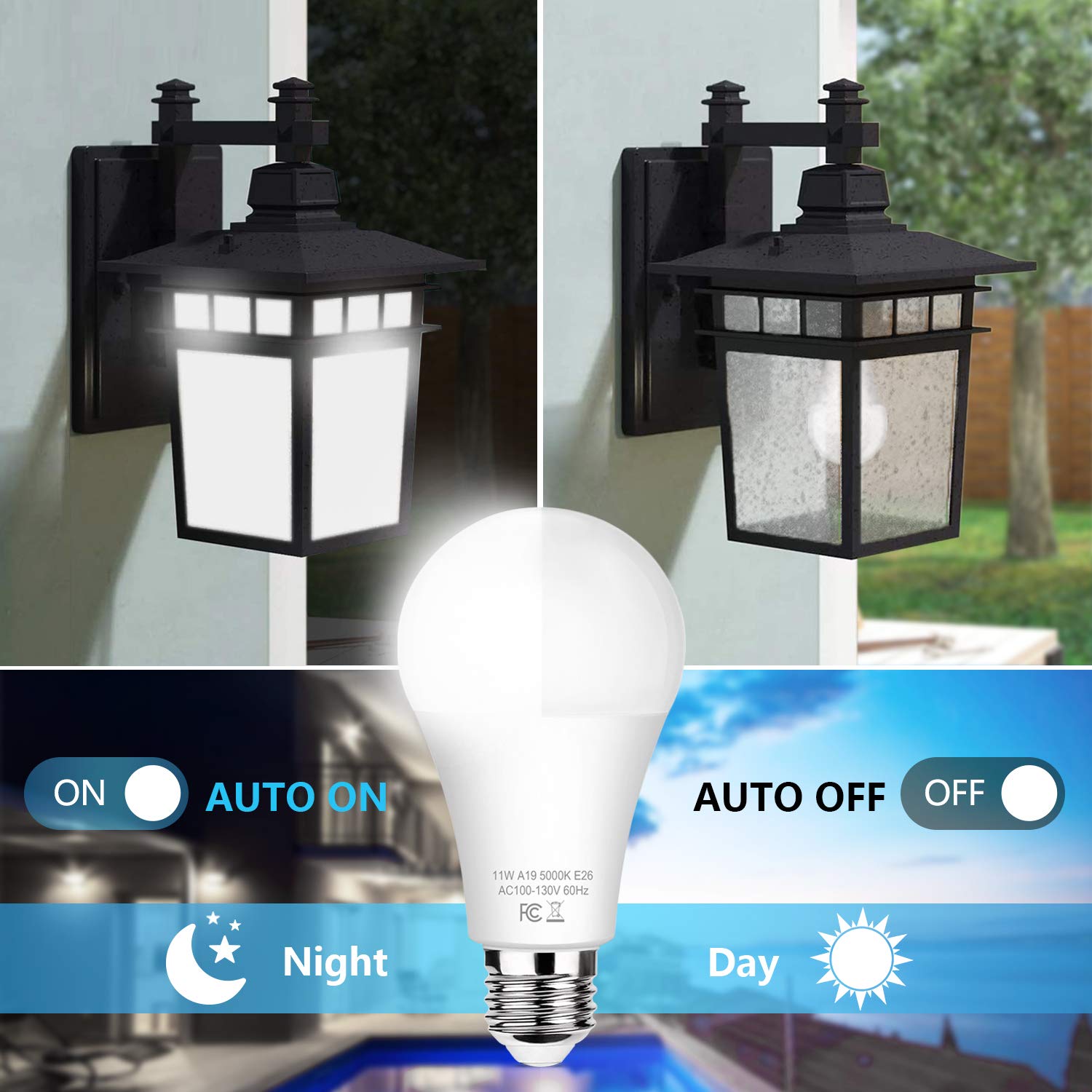 Brightever 6-Pack Dusk to Dawn LED Light Bulbs, A19 11W, E26, 1200LM, Daylight White 5000K, Automatic On/